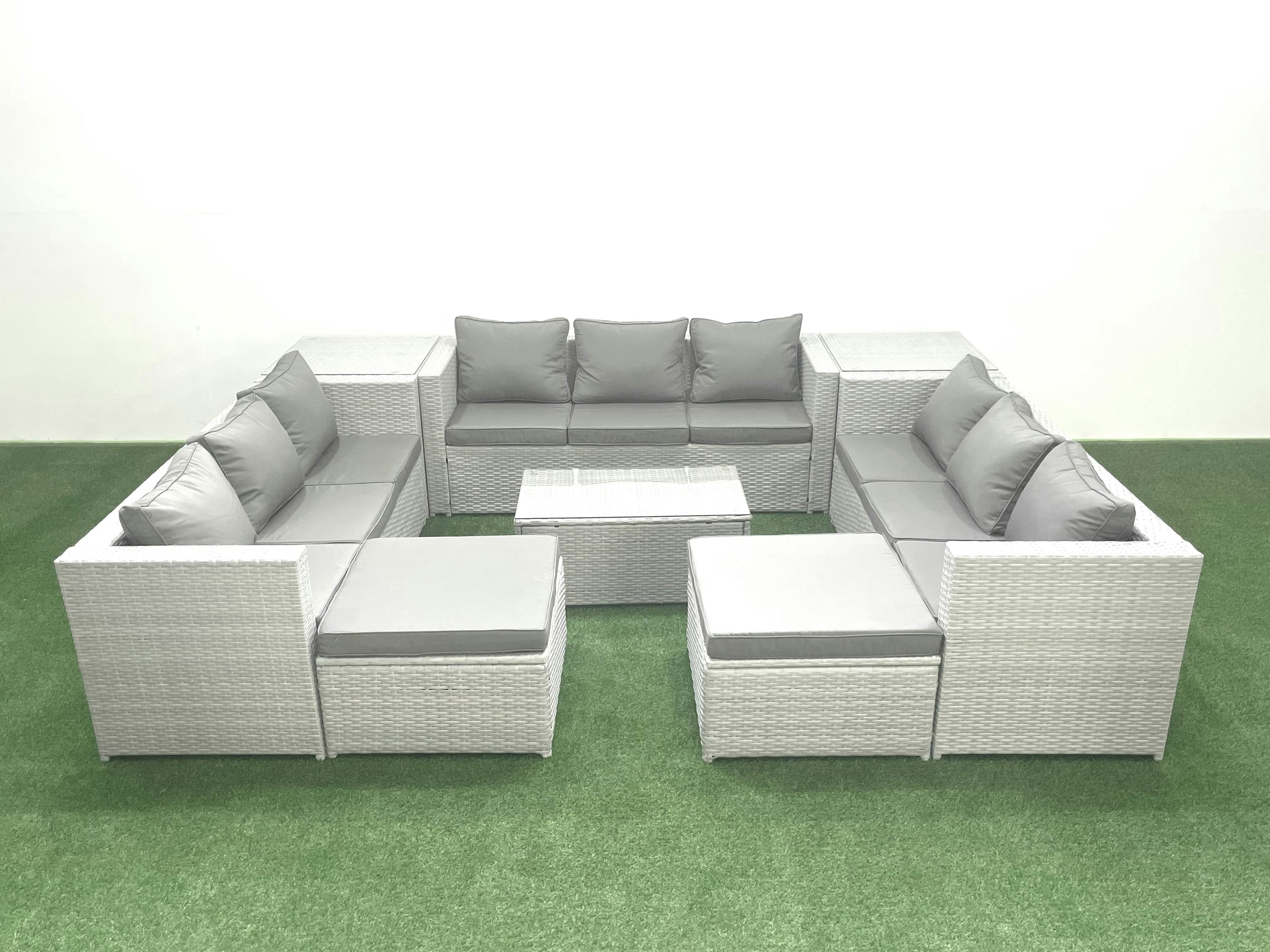 Fimous Light/Grey Rattan Garden Outdoor Furniture Set 11 Seater Garden Sofa Coffee Table Set With 2 Big Footstools 2 Side Tables Mixed
