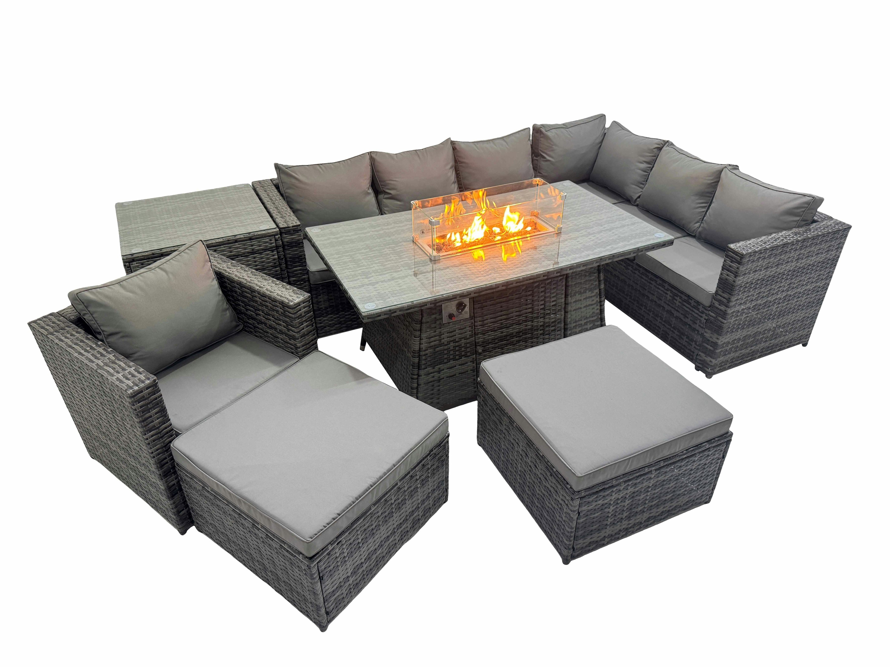 Fimous Dark/Grey Garden Rattan Furniture Set 9 Seater Outdoor Corner Sofa Chair Gas Fire Pit Dining Table Set With 2 Big Stools Side Table