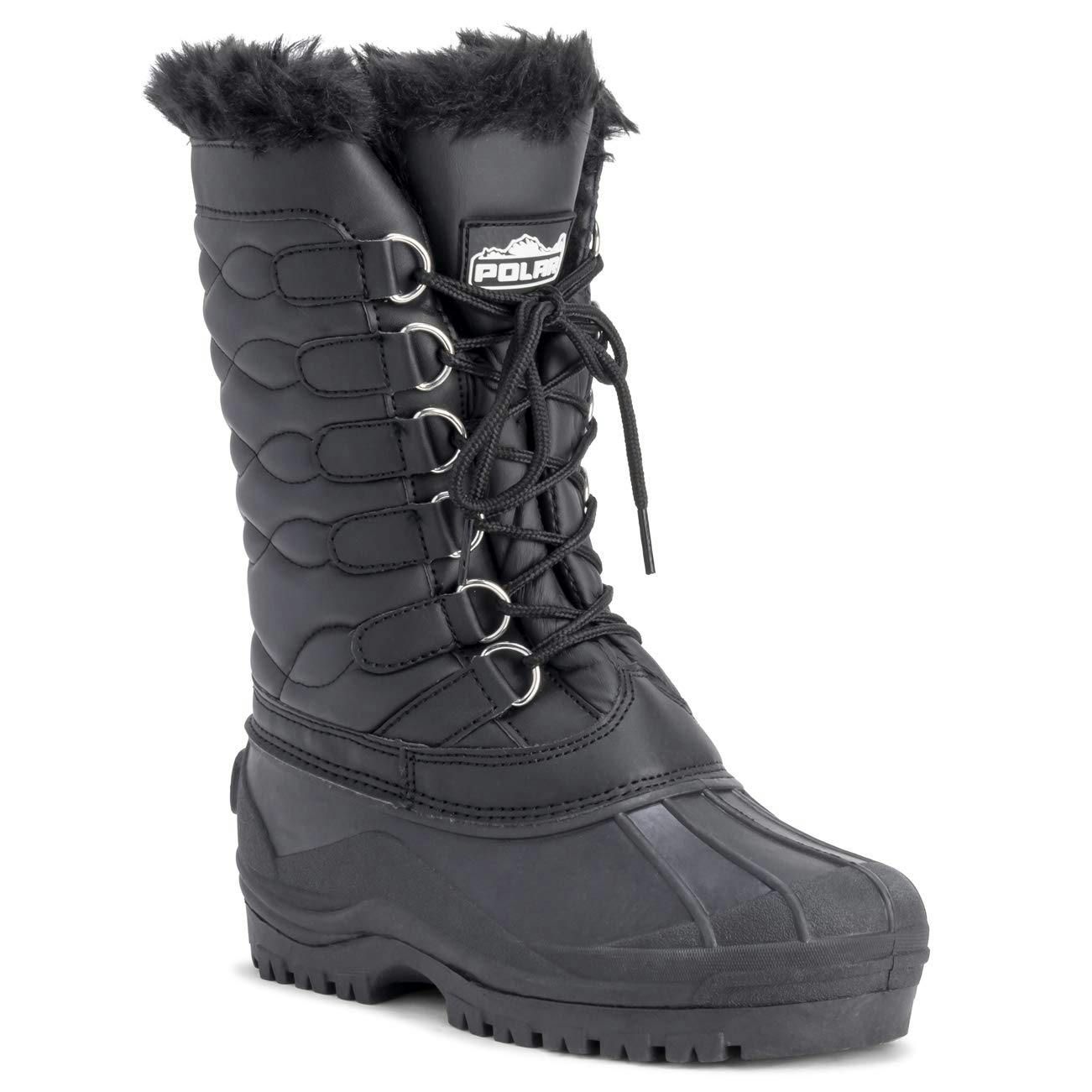 Viva Women's Black Polar Cuff Lace Up Waterproof Winter Mid Calf Snow Rain Boots - 5 - Leather