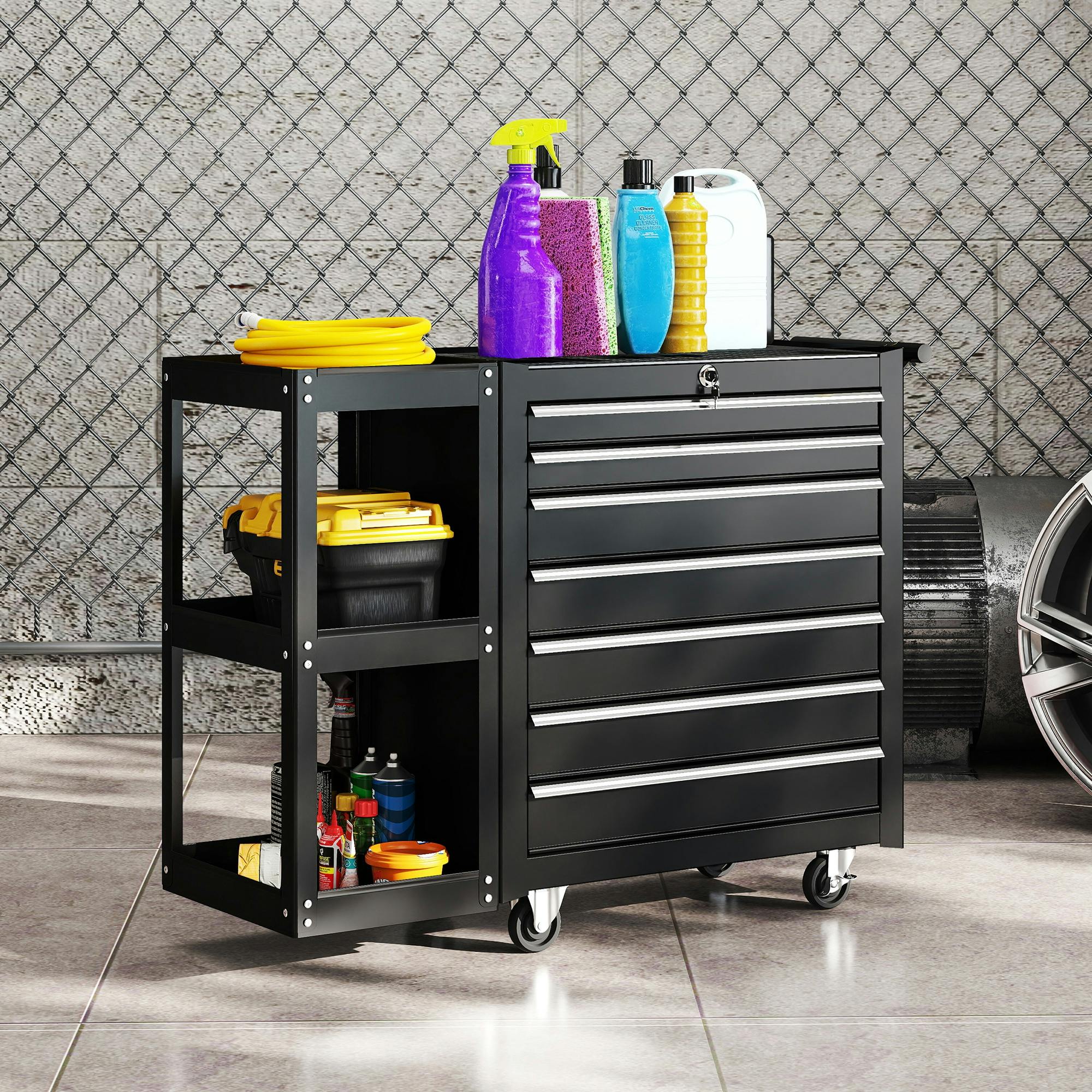 Rackhams Black 7 Drawer Lockable Steel Tool Chest On Wheels For Workshop,