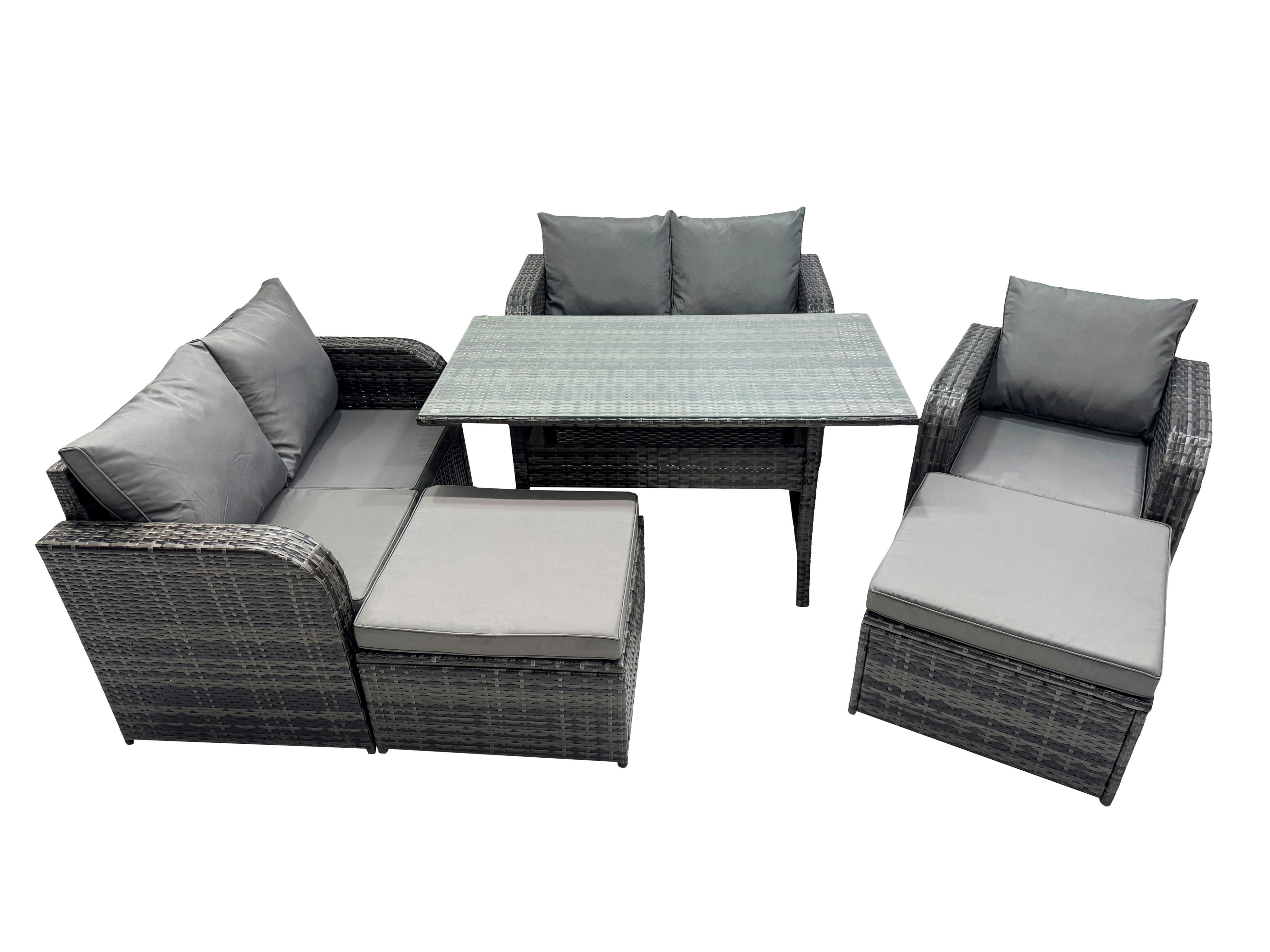 Rackhams Dark/Grey Wicker Pe Rattan Garden Outdoor Furniture Set Love Sofa Dining Table Sets With 2 Big Stools Mixed