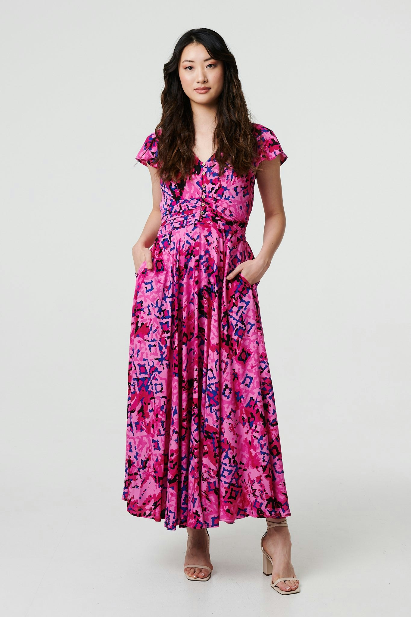 Izabel London Pink Abstract Ruched Waist Cap Sleeve Maxi Dress - Size 16