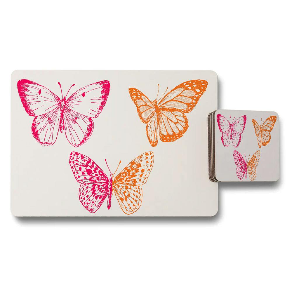 Rackhams Pink/Orange Butterfly Design Placemat And Coaster Set With And Motifs