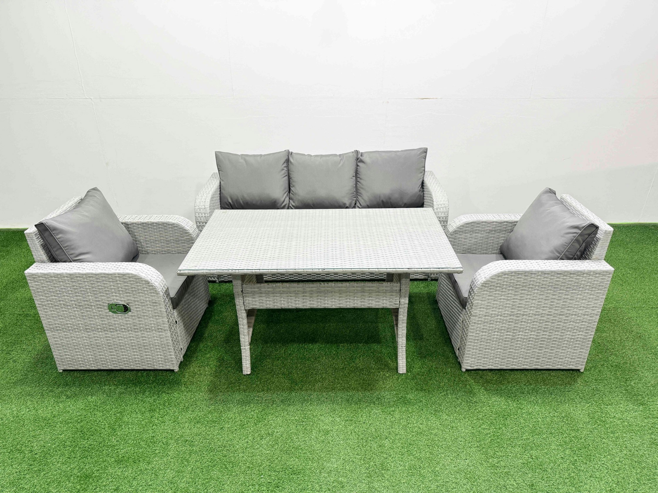 Fimous Light/Grey Pe Rattan Garden Furniture Set Reclining Chair Sofa Lounge Sofa Set Rectangular Dining Table