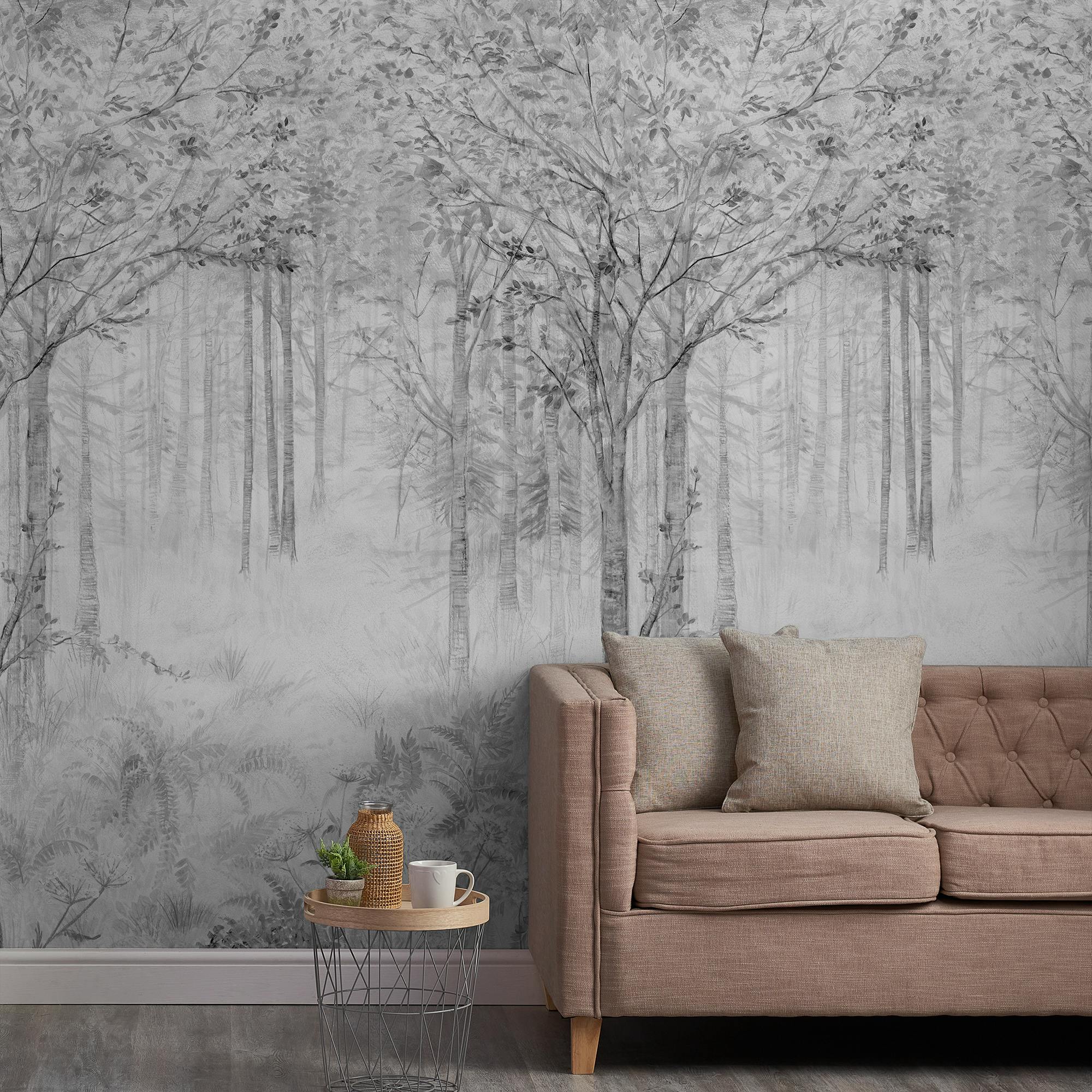 Grandeco Grey Fairytale Trees 3 Panel Repeatable Mural 1.59 X 2.8M