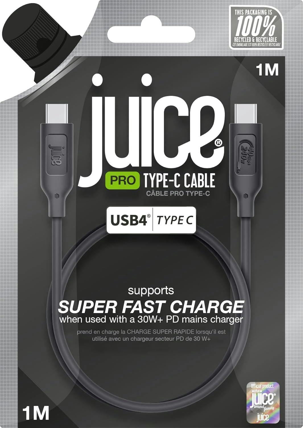 Juice Black 1M 4.0 Usb C To C Charge & Sync Cable - Jui-Cable-Typec-4.0-1M-Rnd-Eco-Blk