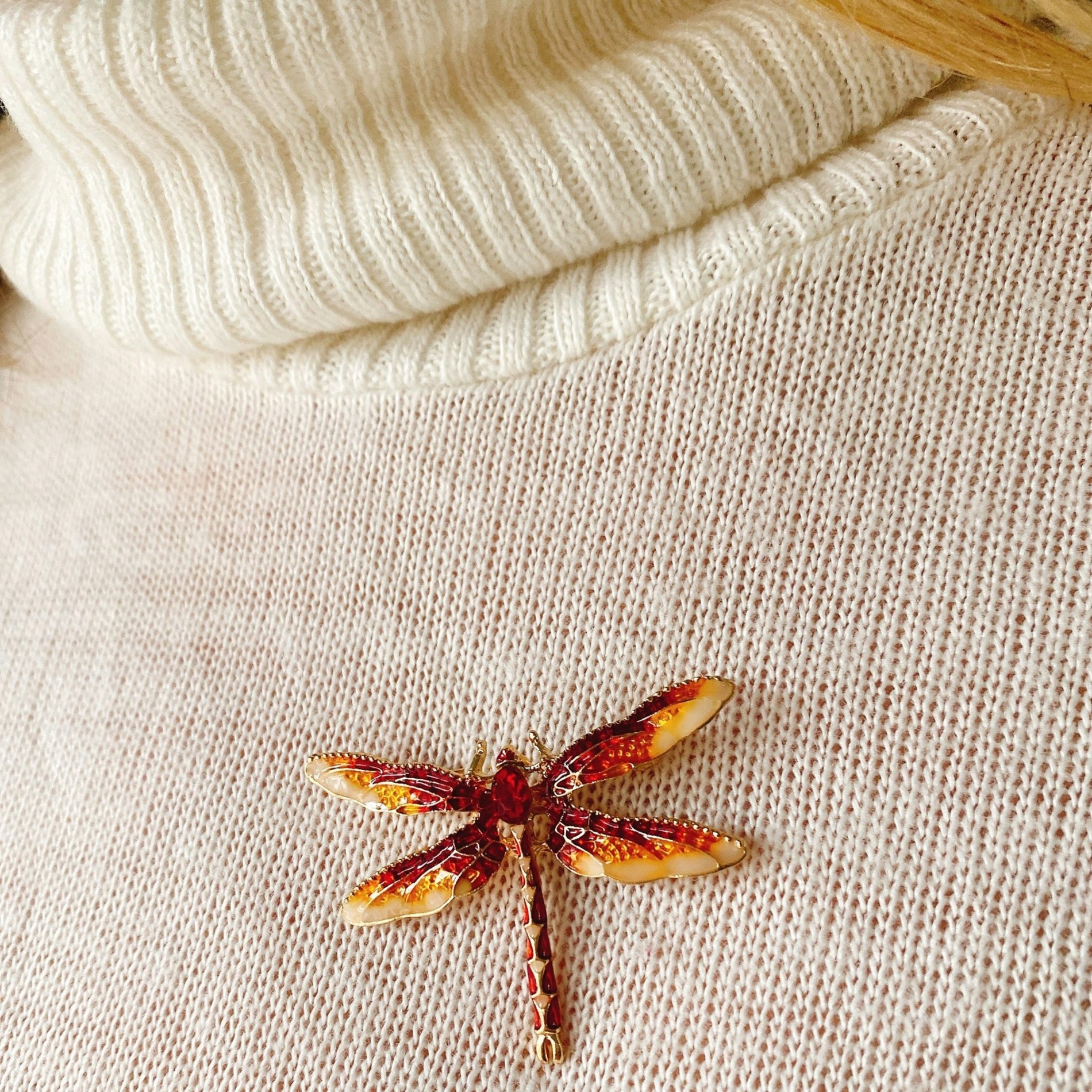Queenmee Accessories Red Dragonfly Brooch In Enamel With Crystal