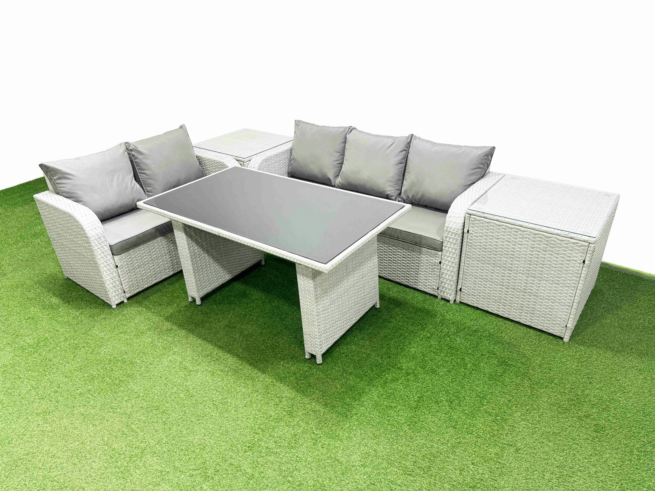 Rackhams Light/Grey Garden Furniture Set Pe Ratten Garden Sofa Set With Rectangular Dining Table 2 Side Tables