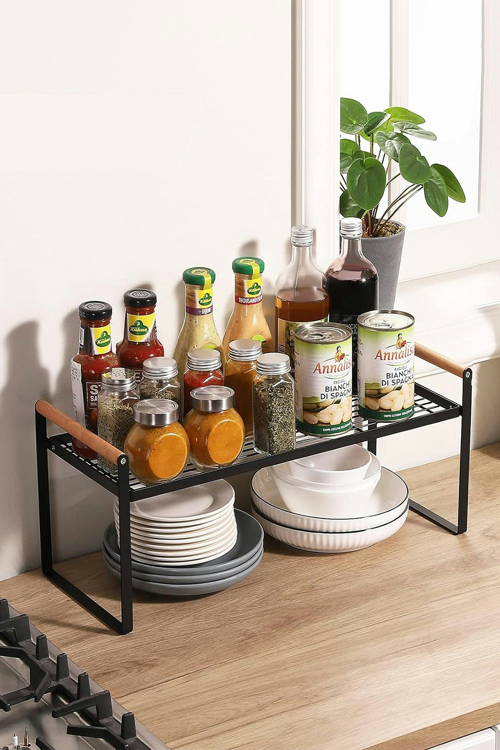 Rackhams Black 2-Tier Kitchen Spice Rack Space Saving Free Standing Countertop Organiser 35Cm