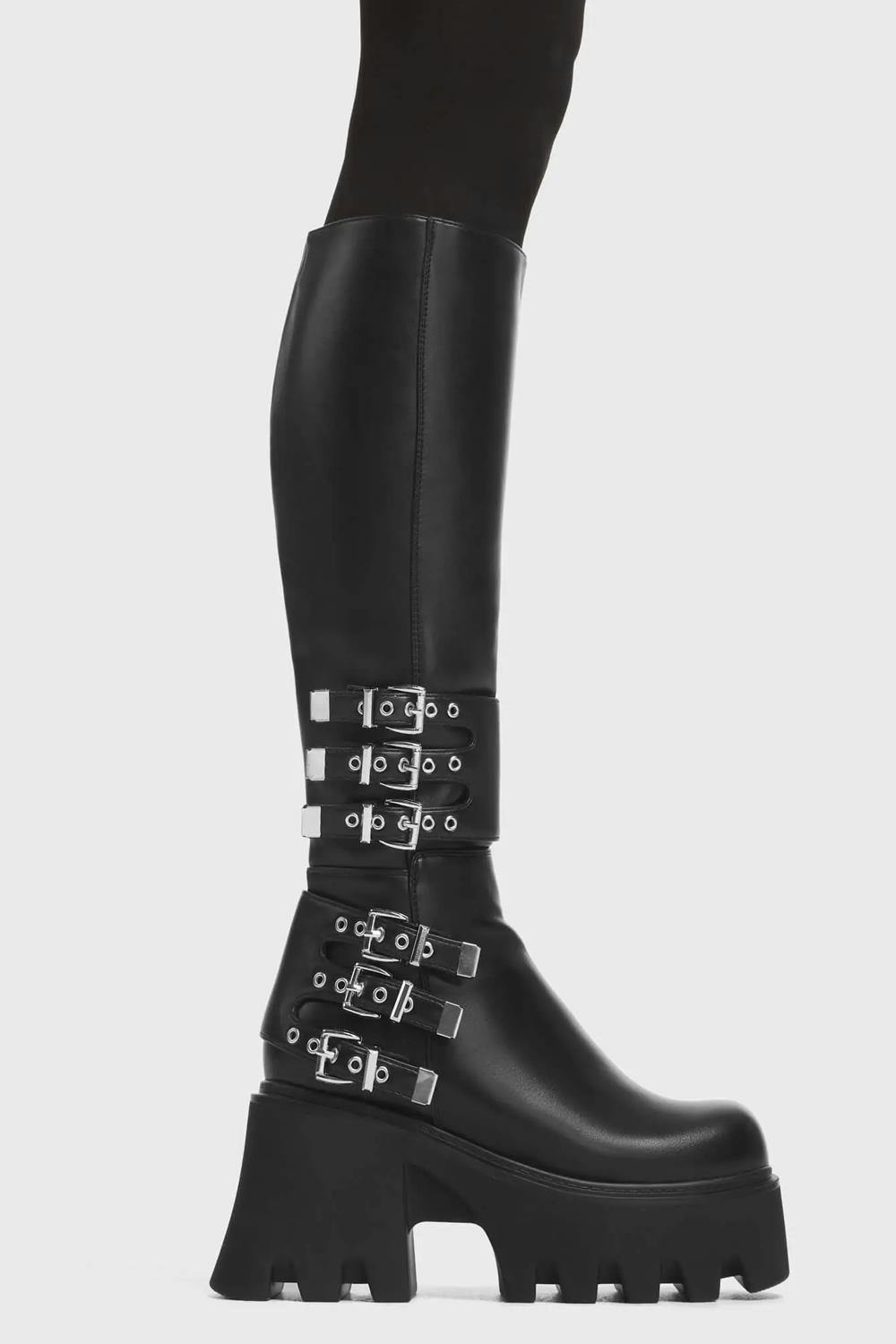 Lamoda Women's Black My Prince ’S Knee High Pu Boots With Skull Accent Design - Uk3