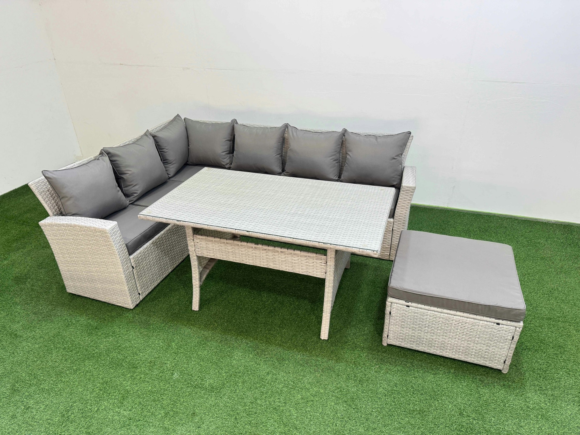 Fimous Light/Grey 7 Seater Rattan Garden Furniture Set Outdoor Patio Dining Corner Sofa Sets With Dining Table Big Footstool Mixed