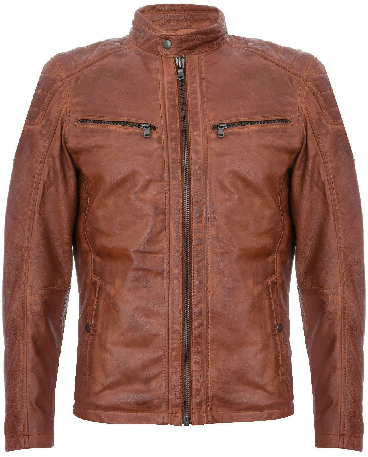 Infinity Leather Men's Leather Jacket Vintage Quilted Retro Racing Zipped Biker - San Marino - Tan - Uk M | Eu 48 | Us 38