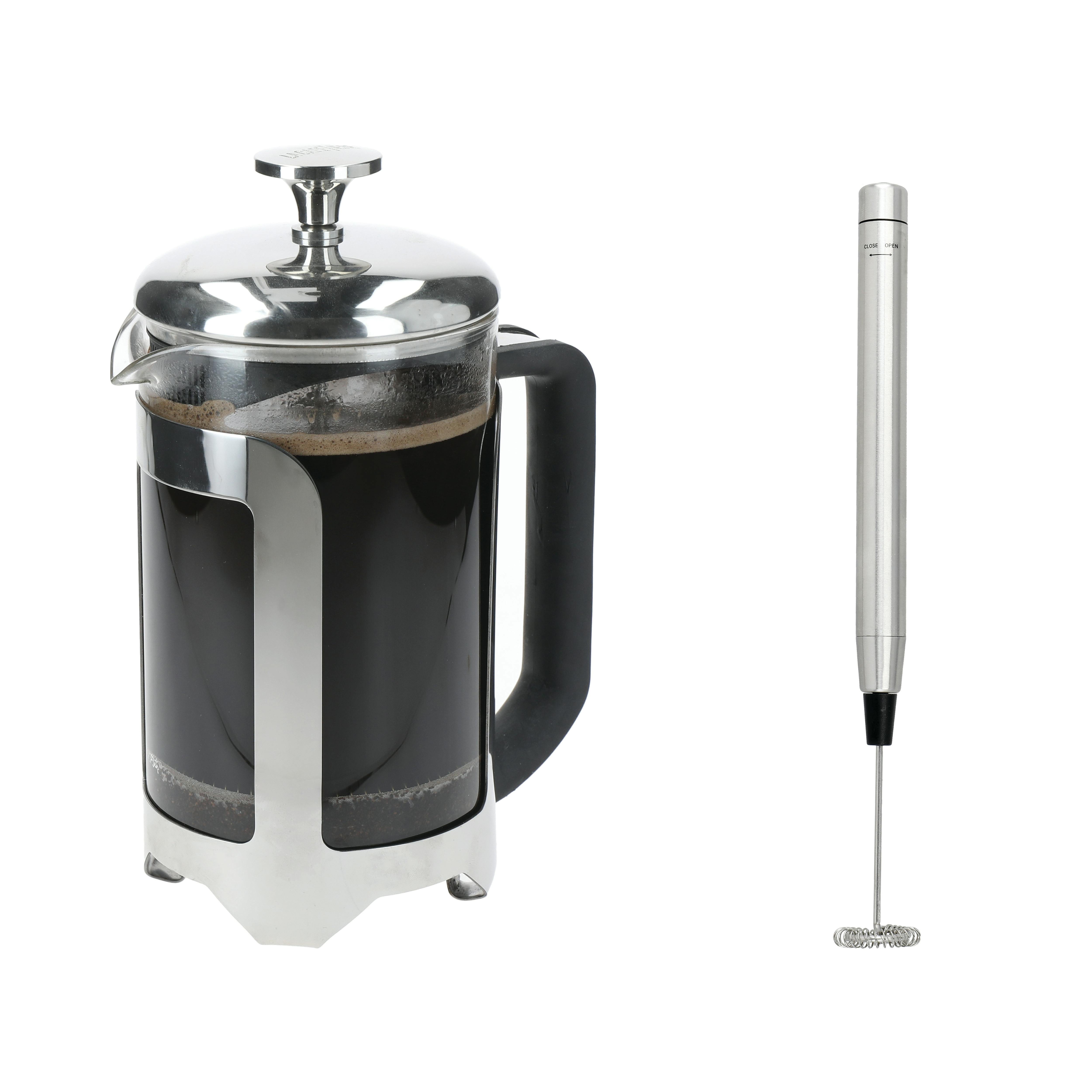 Rackhams Silver Roma 6 Cup 850Ml Stainless Steel Cafetière And Handheld Battery Operated Portable Coffee Frother Set - Stainless Steel Frame With Borosilicate Glass Beaker