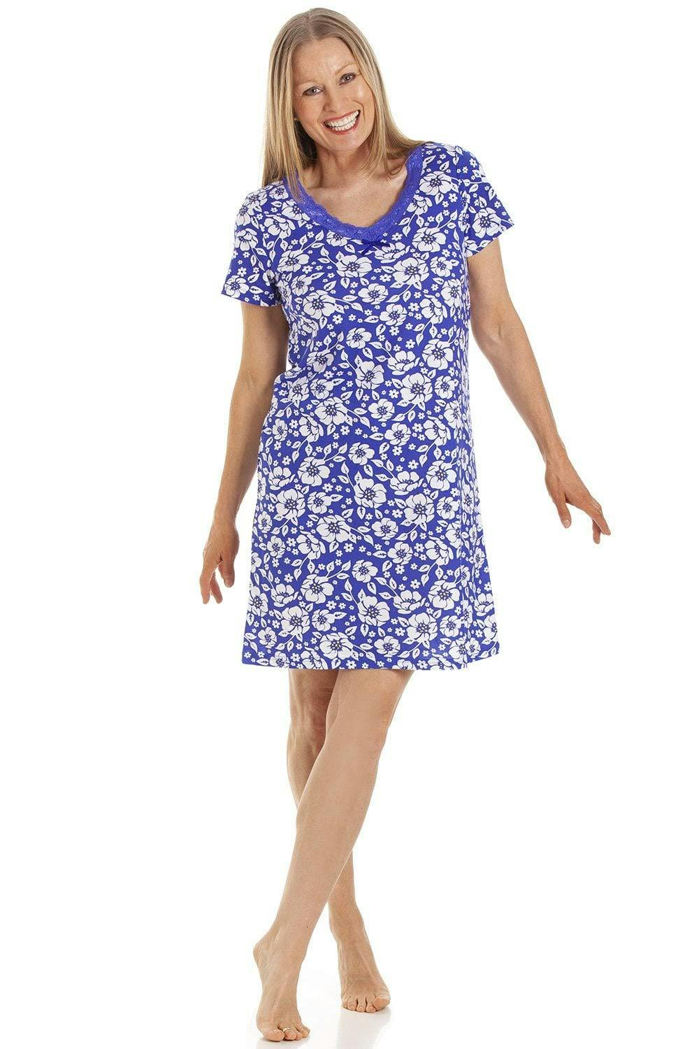 Camille Women's Blue Soft Cotton Summer Nightdresses - Navy - 14-16