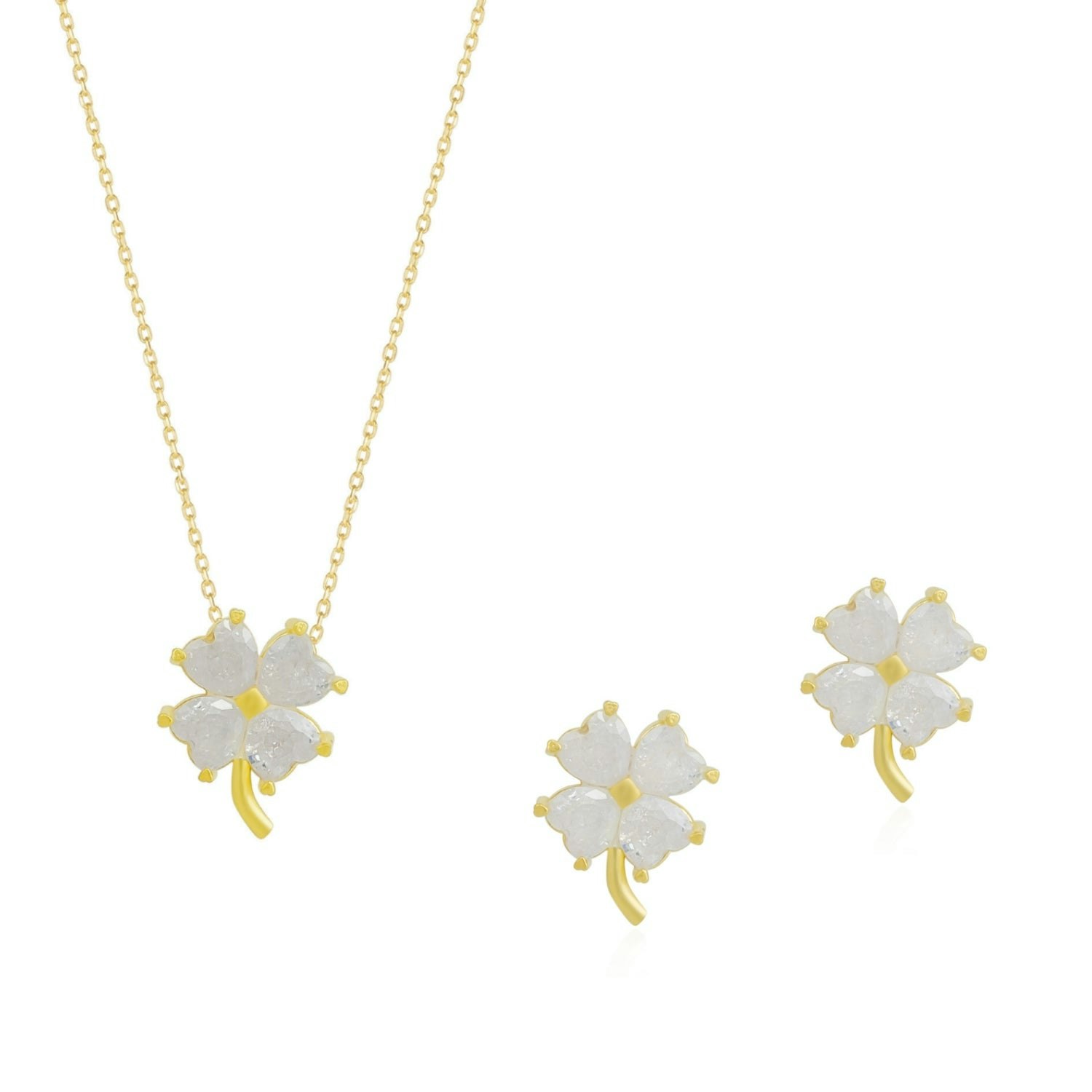 Spero London Silver/White/Gold Four Leaf Clover Sterling Necklace And Earring Set