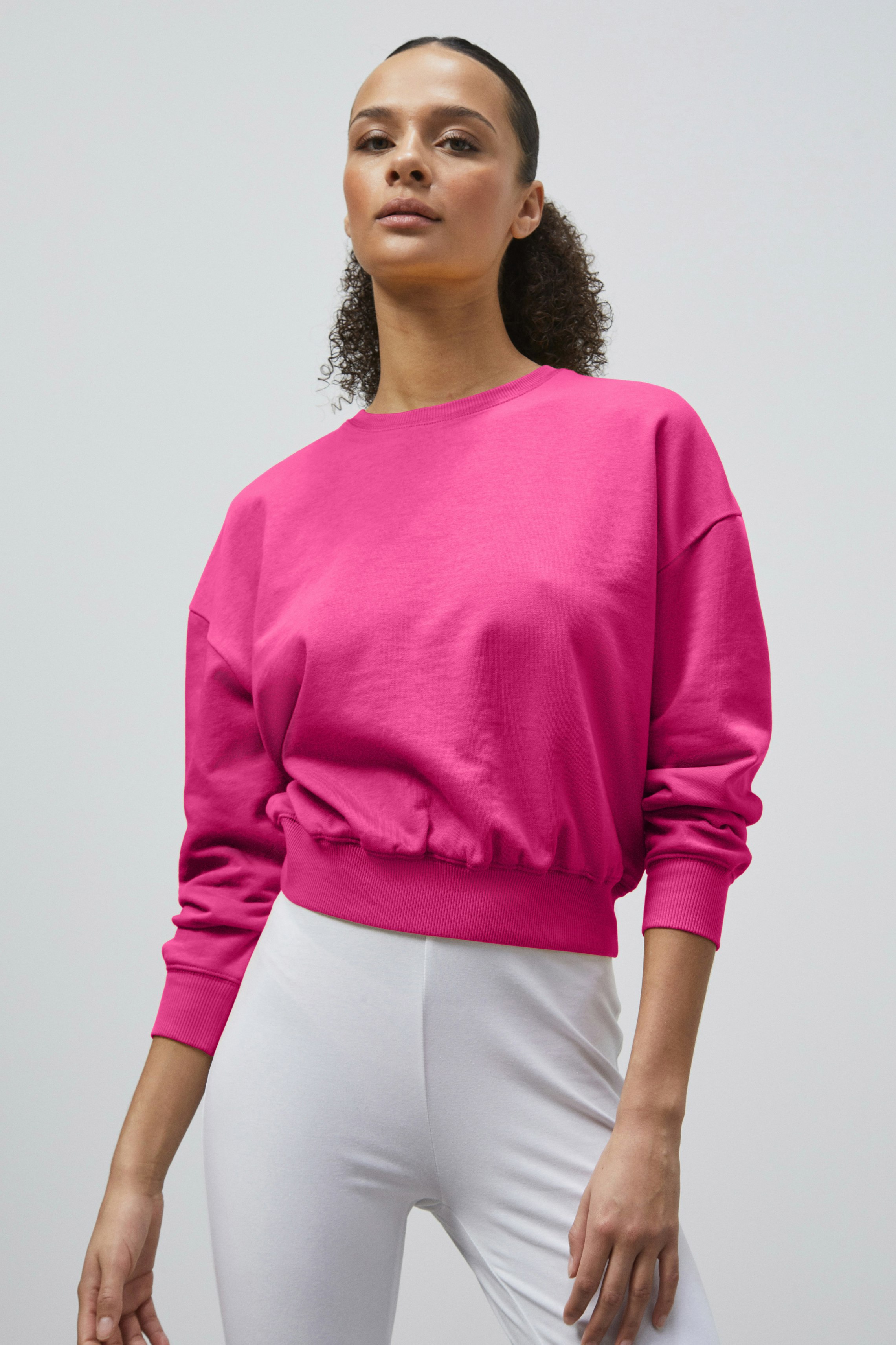 Enorsia Pink Ribbed Hem Cropped Sweatshirt - 12 - 77% Cotton, 23% Polyester