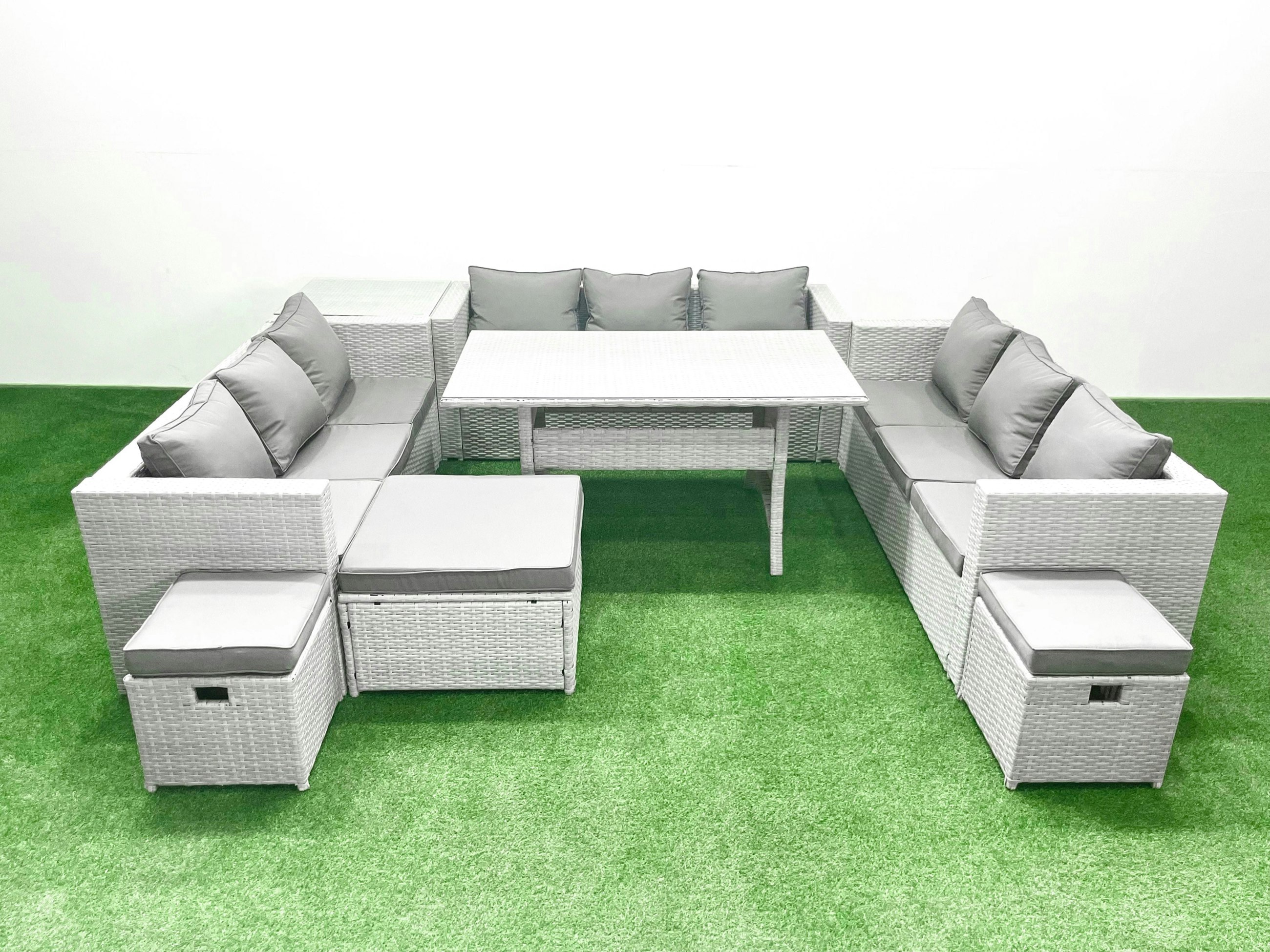 Fimous Light/Grey Rattan Garden Outdoor Furniture Set 12 Seater Garden Sofa Rectangulr Dining Table Set With 3 Footstools Side Table Mixed