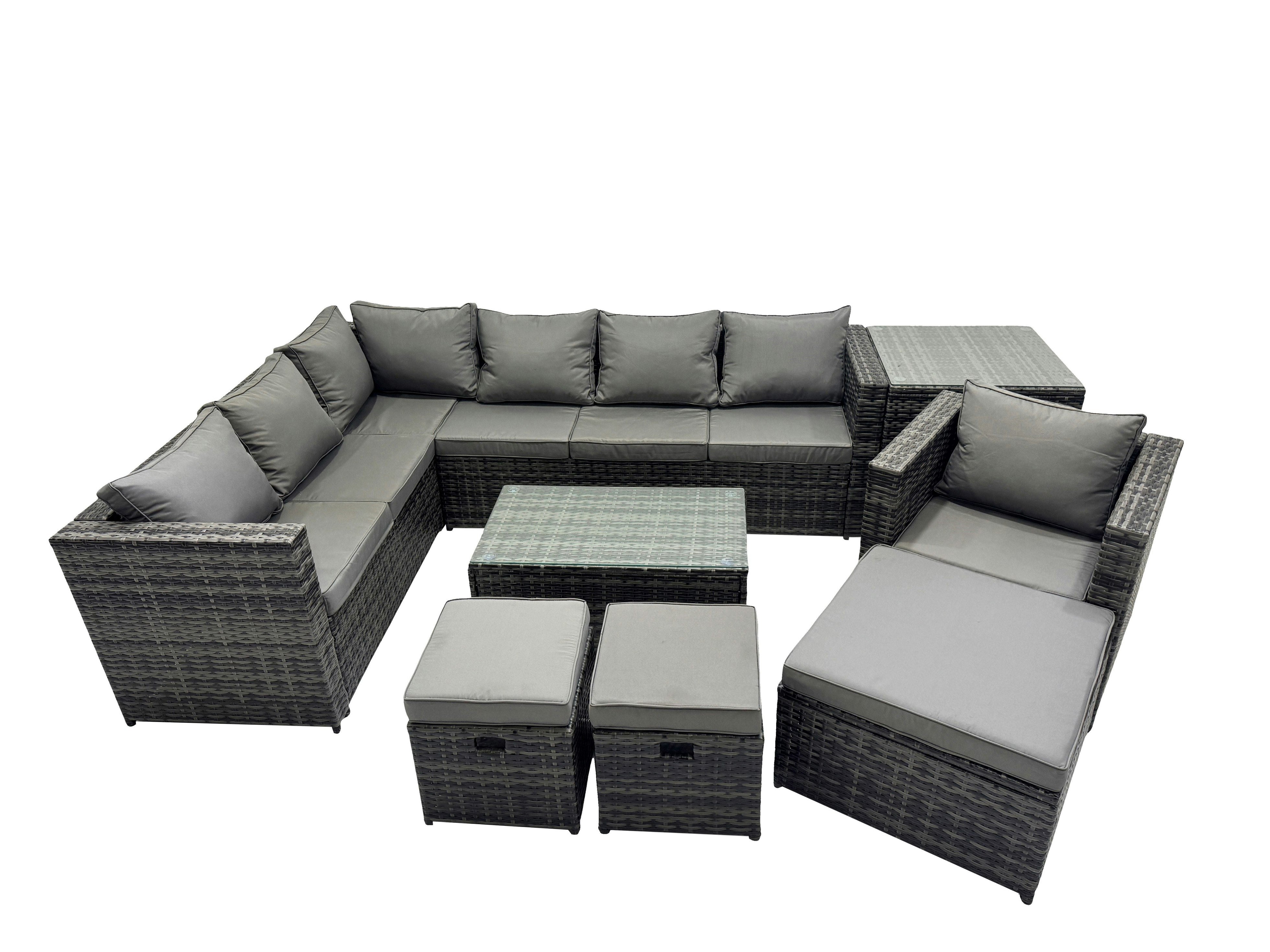 Rackhams Dark/Grey Outdoor Rattan Rectangular Coffee Table Corner Sofa Setss Garden Furniture Sets With Side Table 2 Small Stools Mixed
