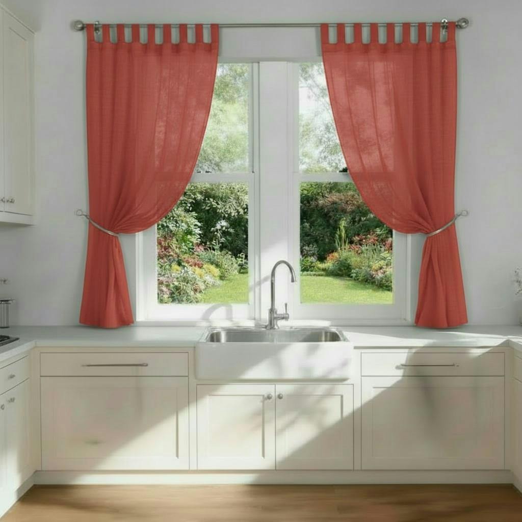 Rackhams Light Voile Tab Top Curtain Pair With Crystal Tie Backs Sheer Window Panels - Terracotta - 150Cm Width X 137Cm Drop