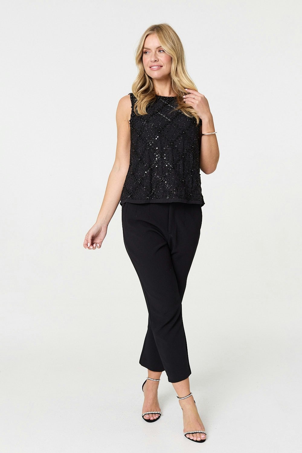 Izabel London Black Sequin Embellished Sleeveless Top - 8