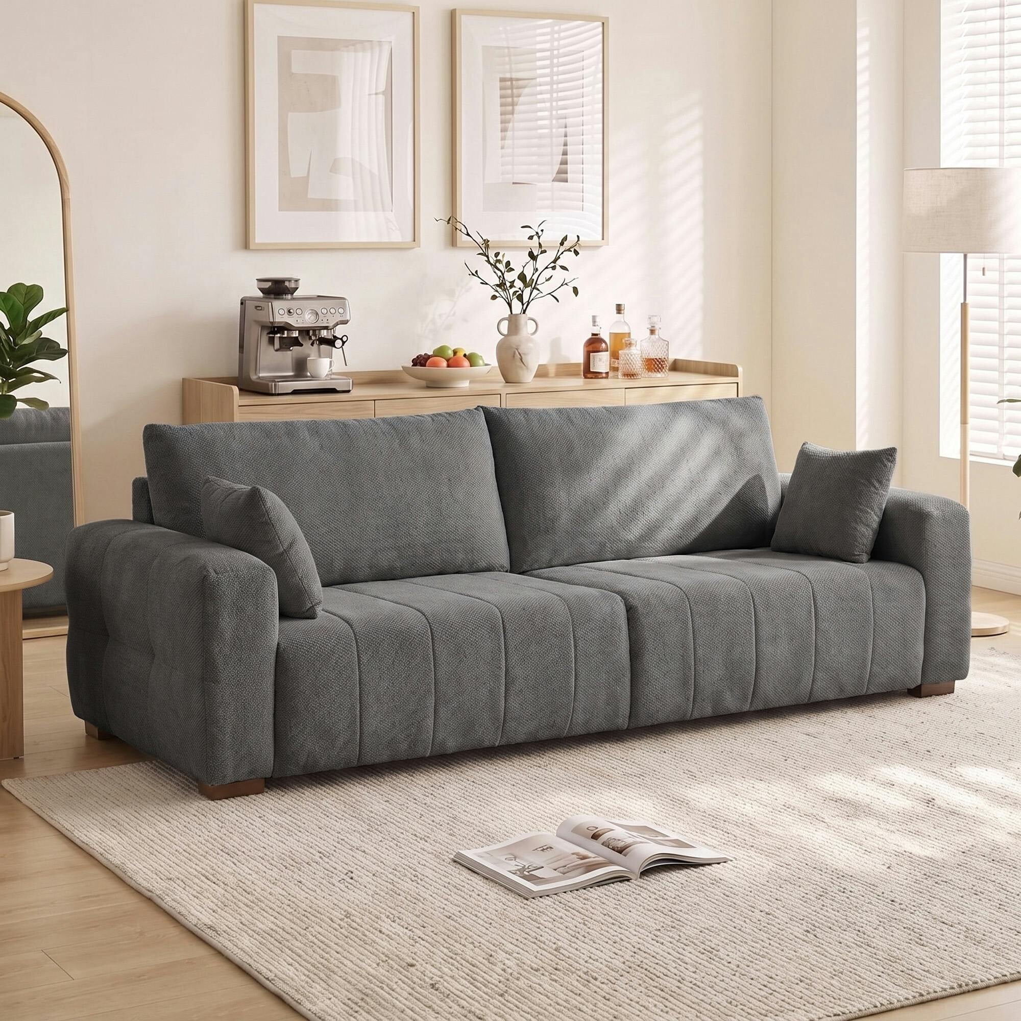 Homcom Grey 3 Seater Sofa, Upholstered Velvet Couch With Pillows