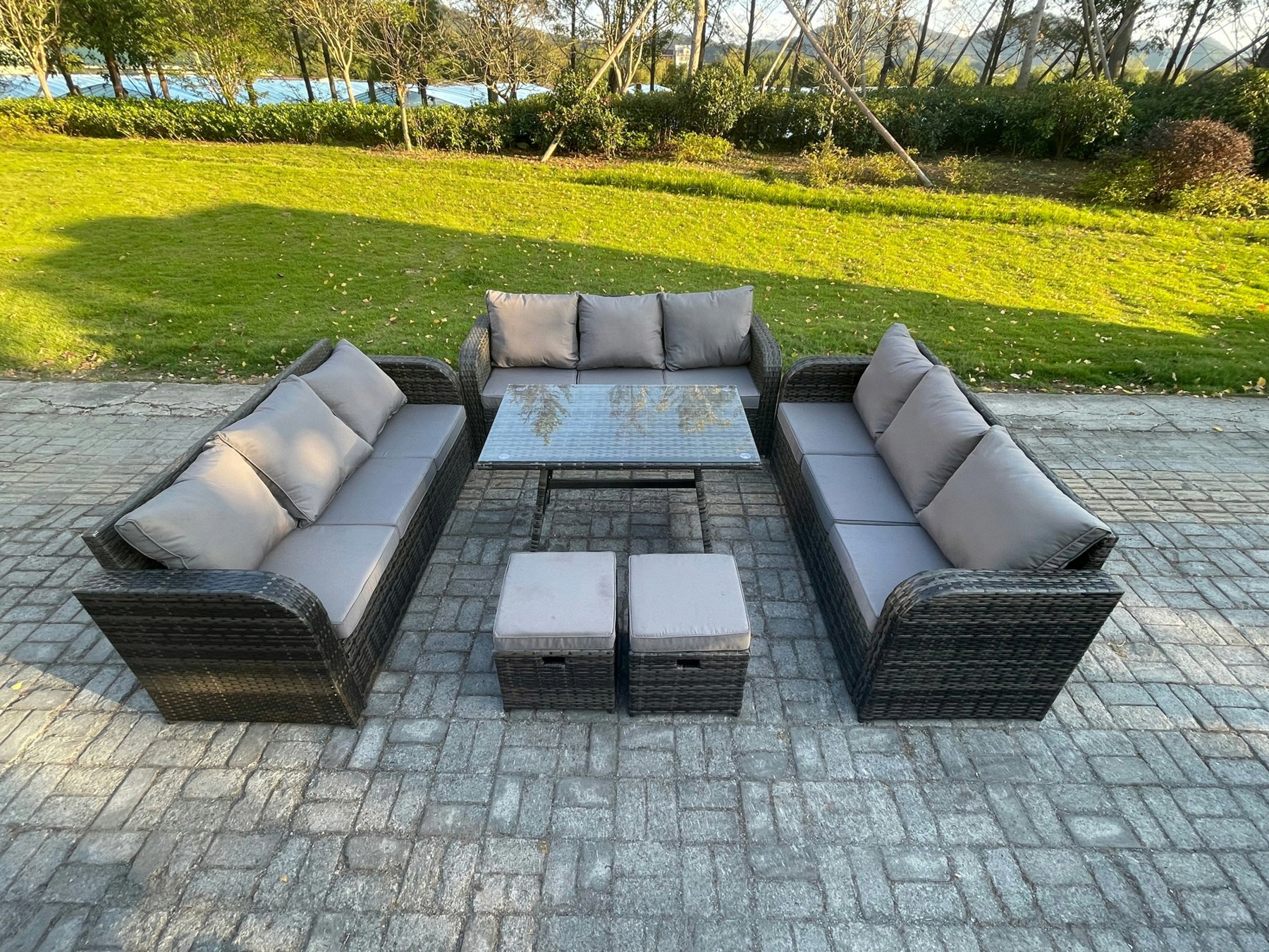 Fimous Dark/Grey 11 Seater Wicker Rattan Garden Furniture Set With Rectangular Dining Table 2 Small Footstools Patio Outdoor Lounge Sofa Set