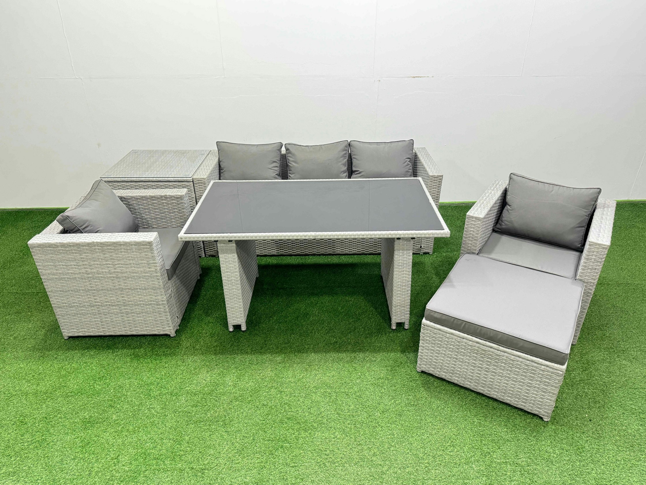 Rackhams Black/Light/Grey Patio Garden Furniture Sets With Glass Top Dining Table Armchair 3 Seater Sofa Side Table Big Stool