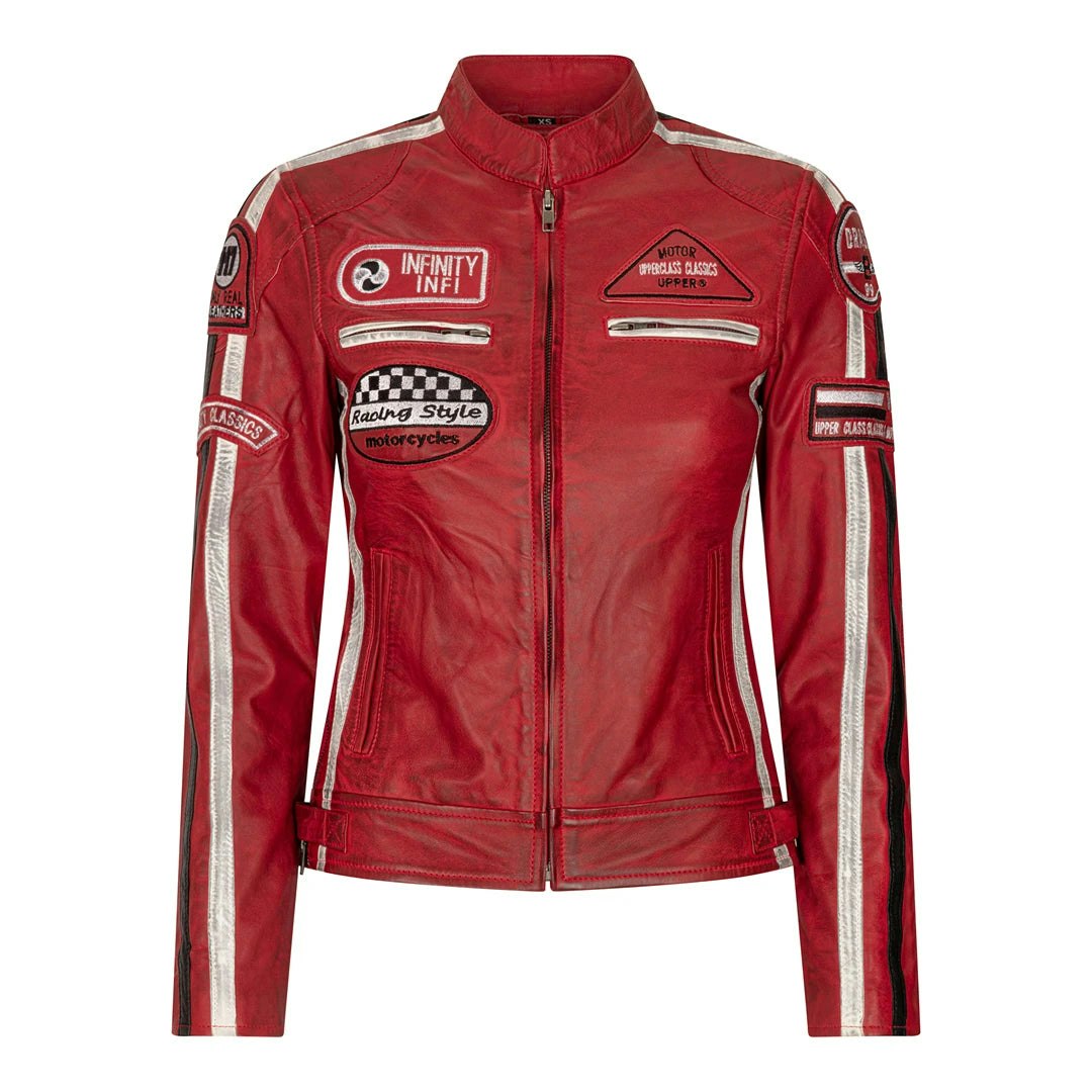 Infinity Leather Women's Red Leather Motorcycle Biker Jacket - Uk 24
