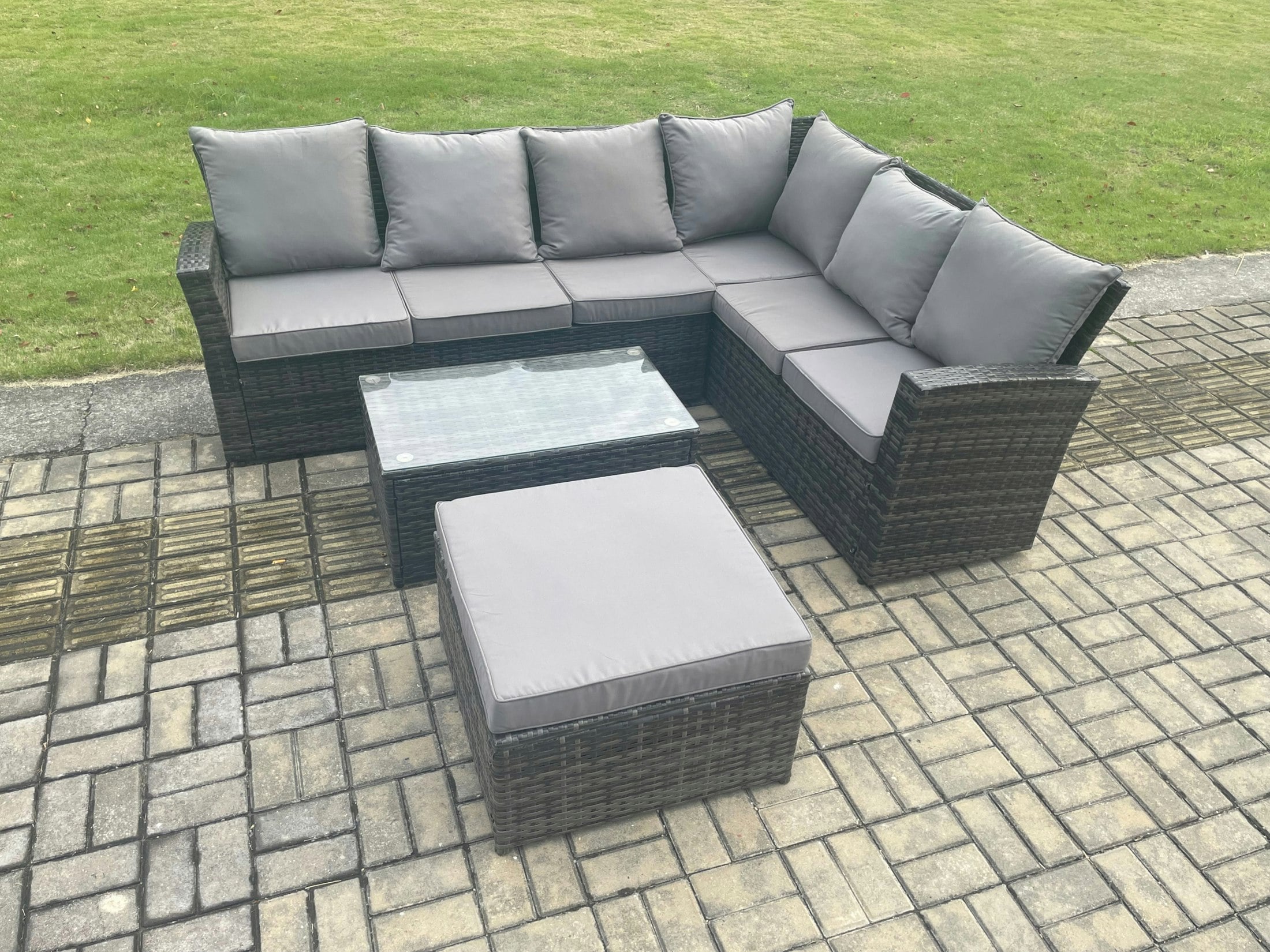 Fimous Dark/Grey 7 Seater High Back Outdoor Garden Furniture Set Rattan Corner Sofa Set With Rectangular Coffee Table Big Footstool Mixed