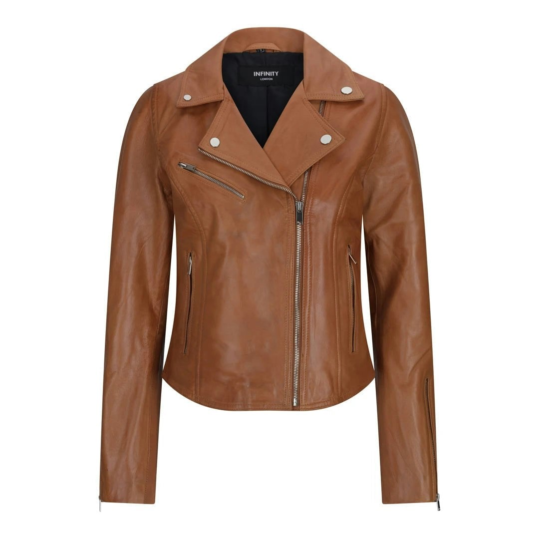 Truclothing Women's Brown/Black/Red Leather Biker Jacket Cross Zip Tan Yellow - Tan - Uk 14
