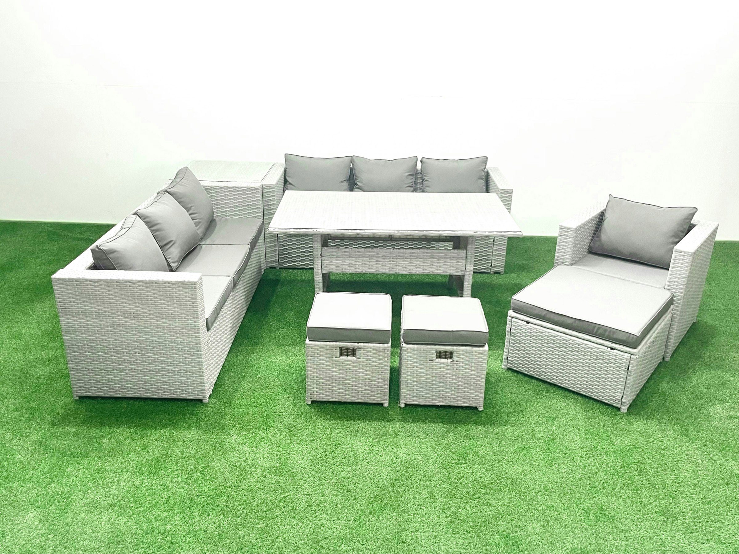 Fimous Light/Grey/Dark 8 Pieces Outdoor Rattan Sofa Set With Cushions Patio Garden Furniture Sets With Armchair Dining Table Side Table 3 Footstools