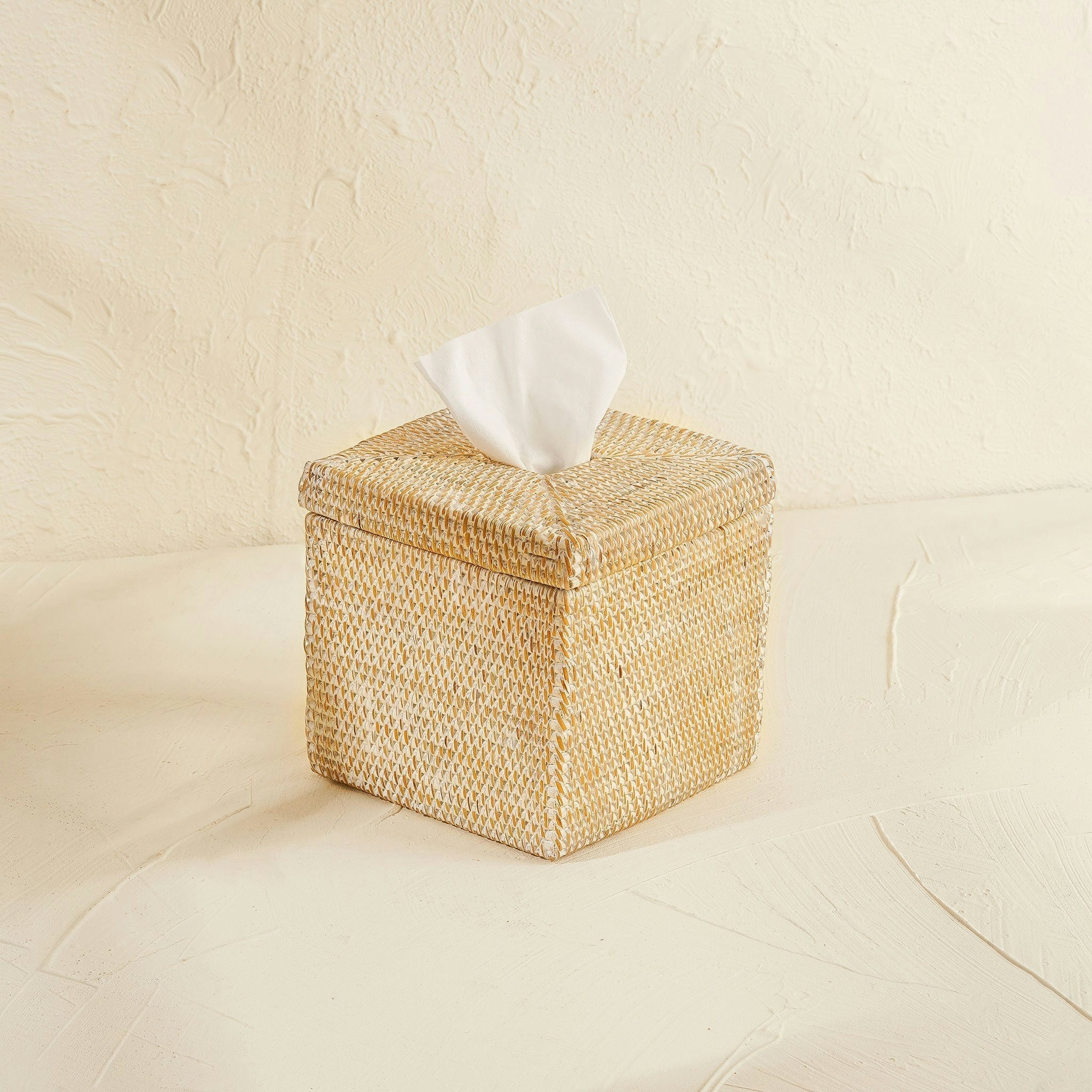 Coastal Villa Homeware White Square Rattan Tissue Cover - Wicker Tissue Boxes - Wash