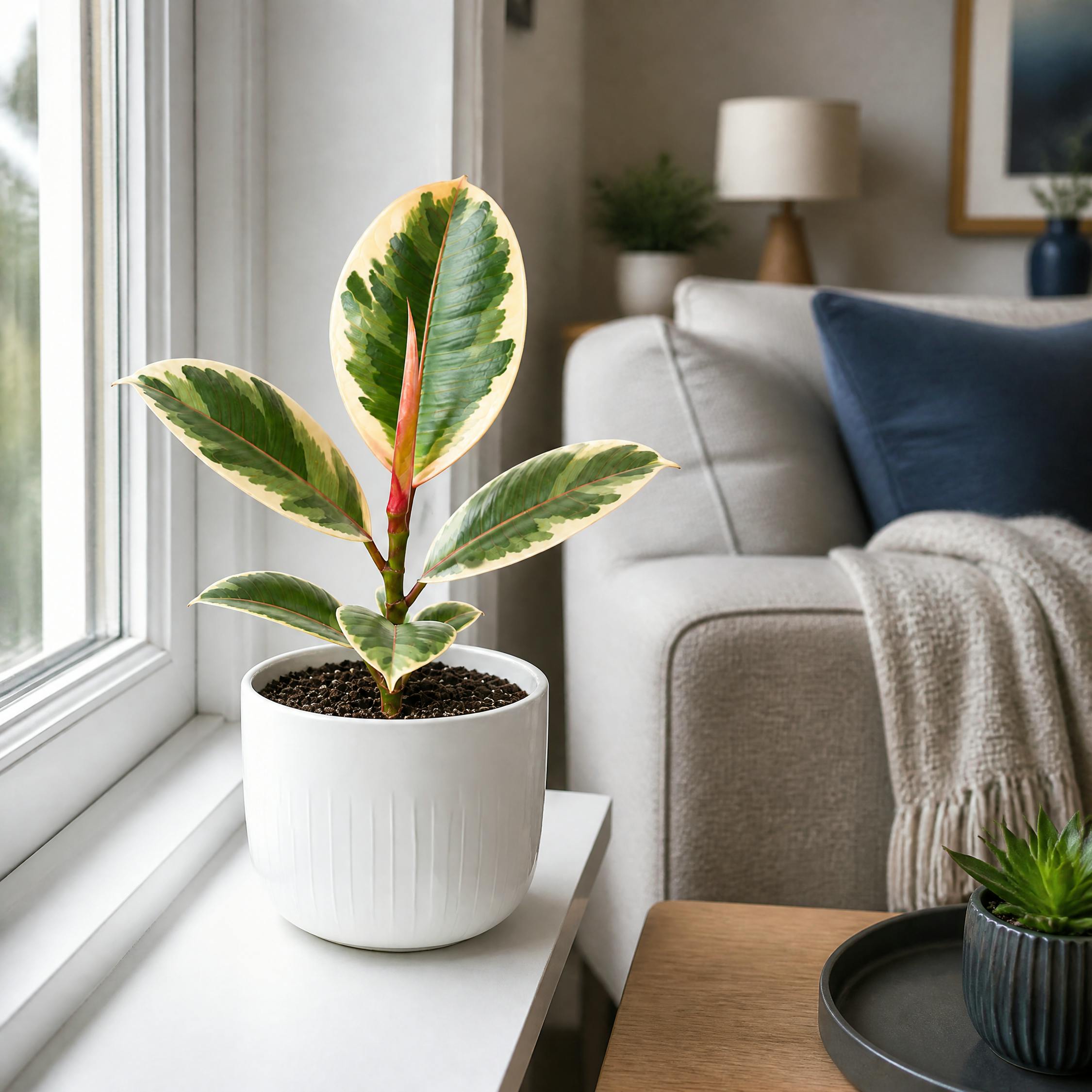  - Ficus Tineke Rubber Plant 12Cm Pot In Glossy White Ceramic Pot - Image 3