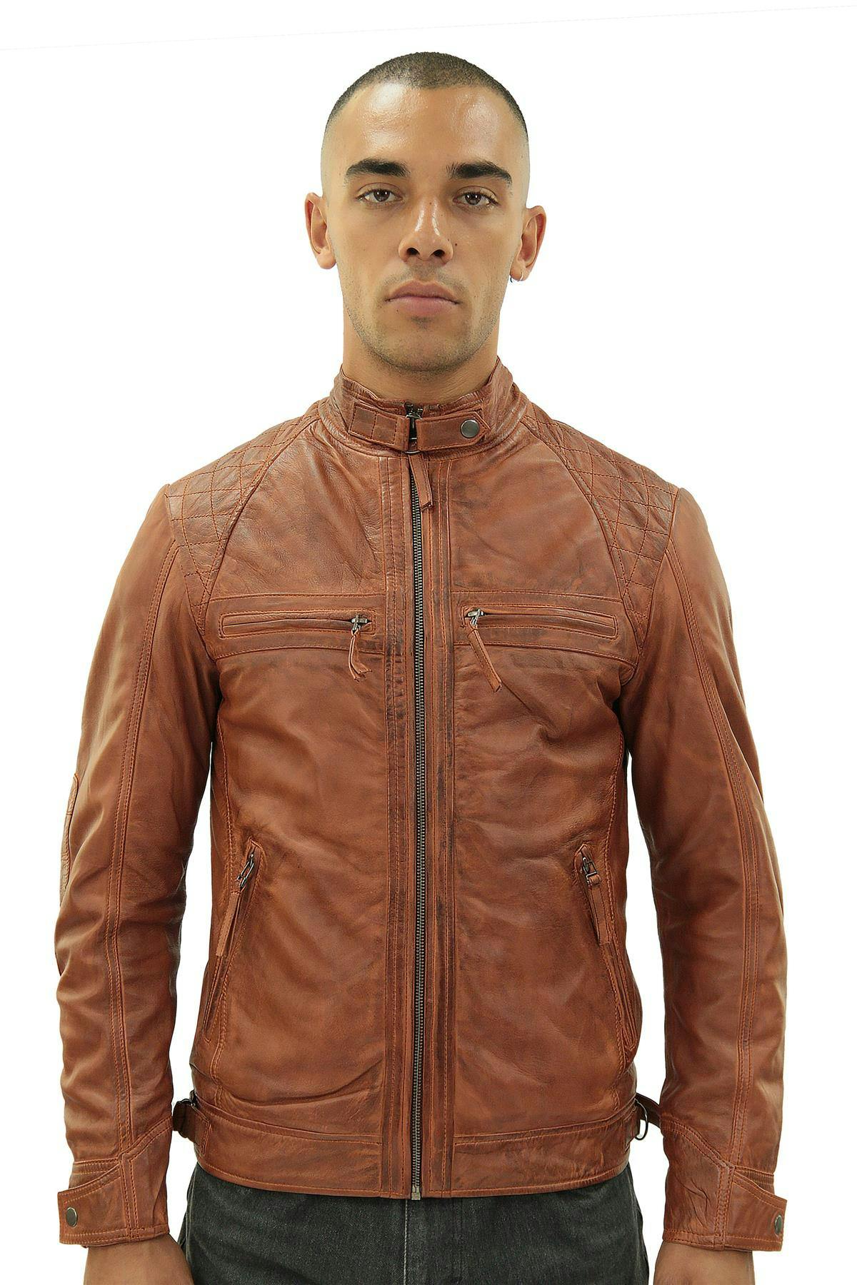 Infinity Leather Men's Vintage Leather Quilted Biker Jacket-Monaco - Tan - Uk 3XL | Eu 56 | Us 46