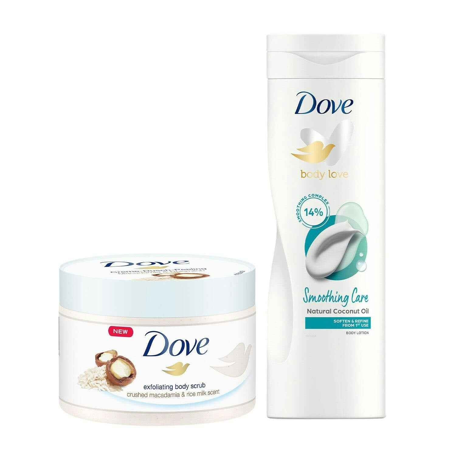 Dove Macadamia & Rice Milk Body Scrub 225Ml & Smoothing Care Body Lotion 400Ml - Image 2