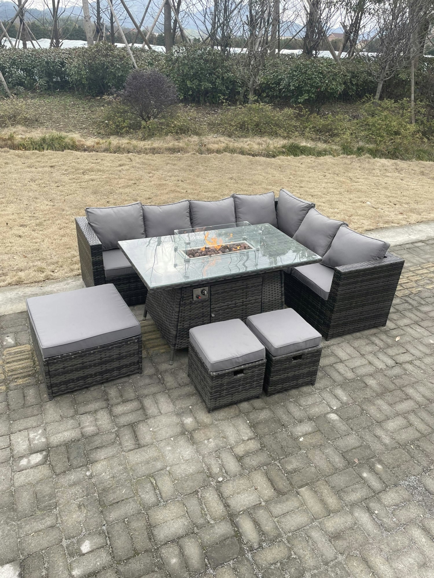 Rackhams Dark/Grey Rattan Corner Sofa Set Gas Fire Pit Dining Table Set Patio Heater Burner With Big Footstool Mixed 9 Seater
