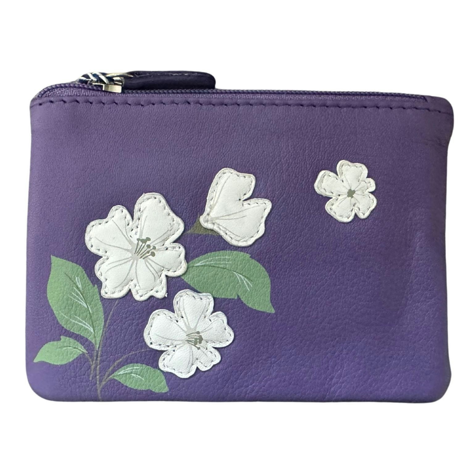 Mala Leather Purple Sakura Collection Card & Coin Purse – Floral Appliqué – Rfid