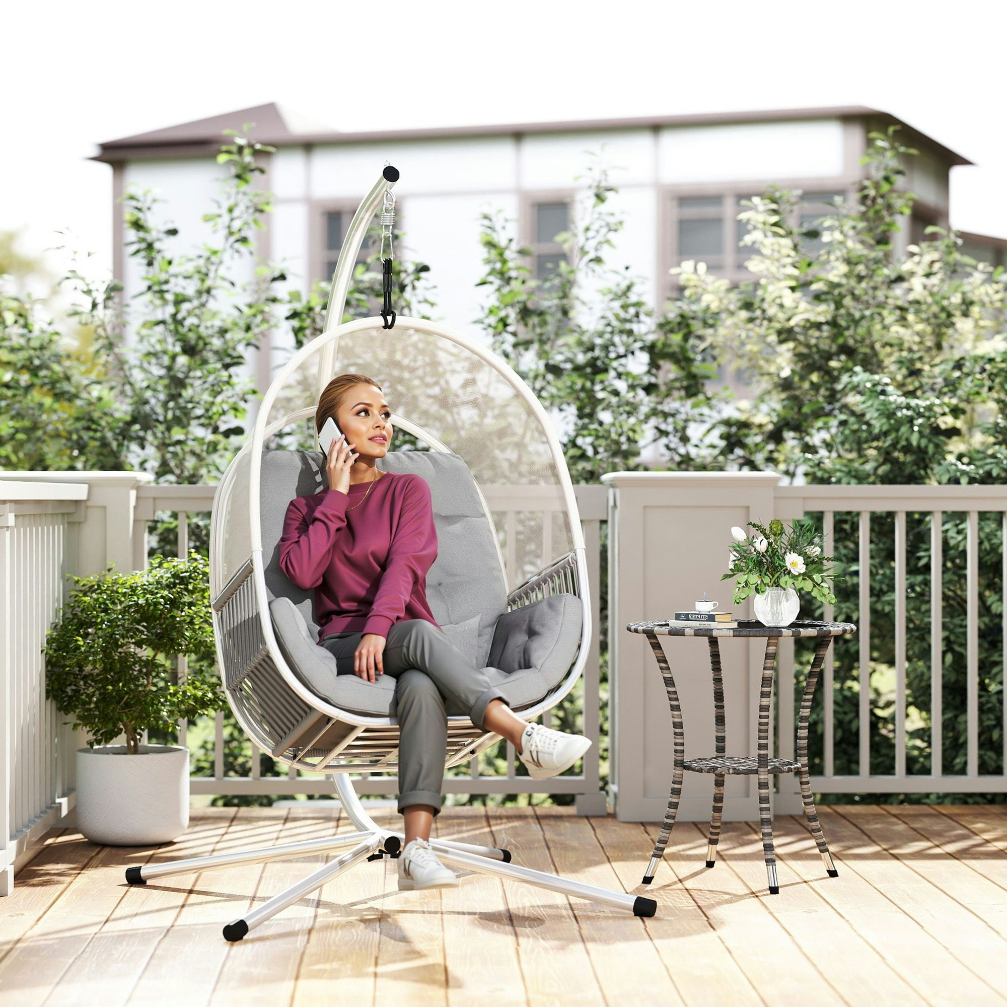 Rackhams Dark/Grey/Light Hanging Egg Chair With Stand, Cushions For Garden, - Steel, Mesh Cloth, Polyester - 112L X 109W X 193H Cm