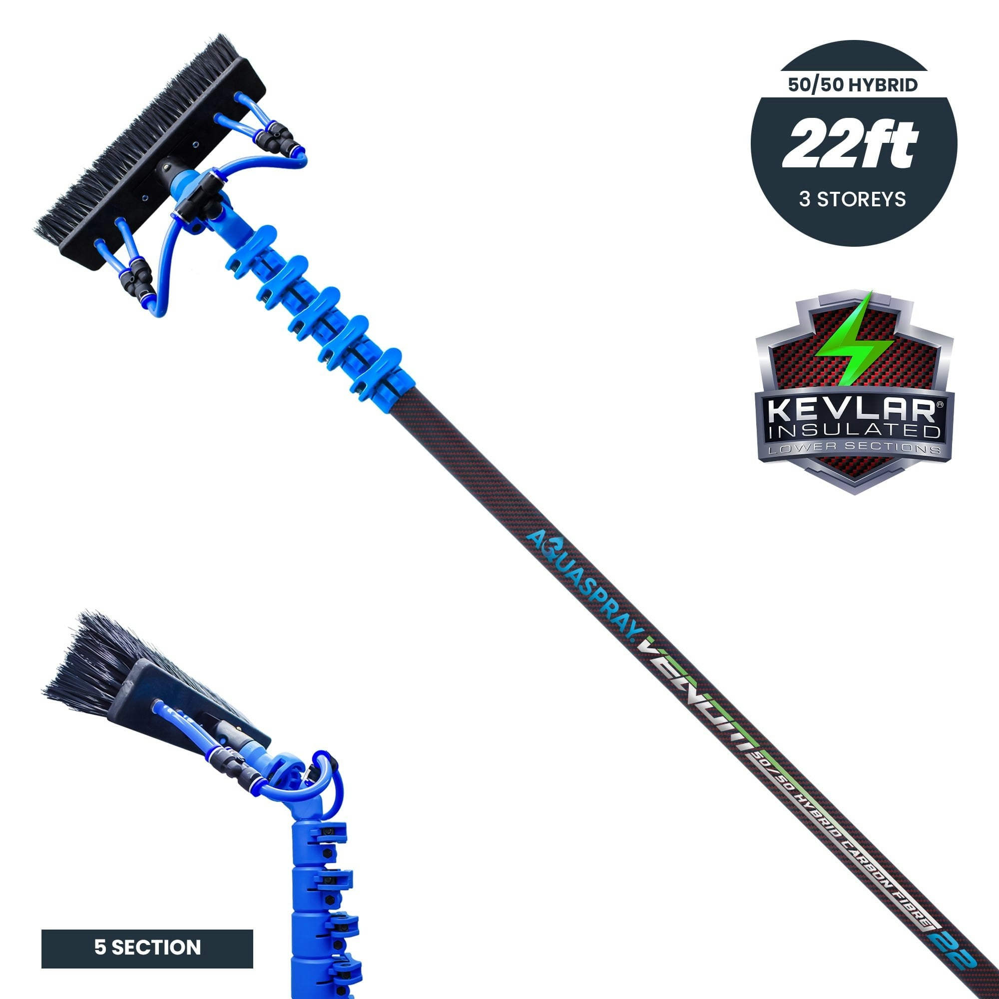 Rackhams ® Venom 22Ft Hybrid 50% Carbon, 50% Fiberglass Waterfed Window Cleaning Pole – 5 Sections
