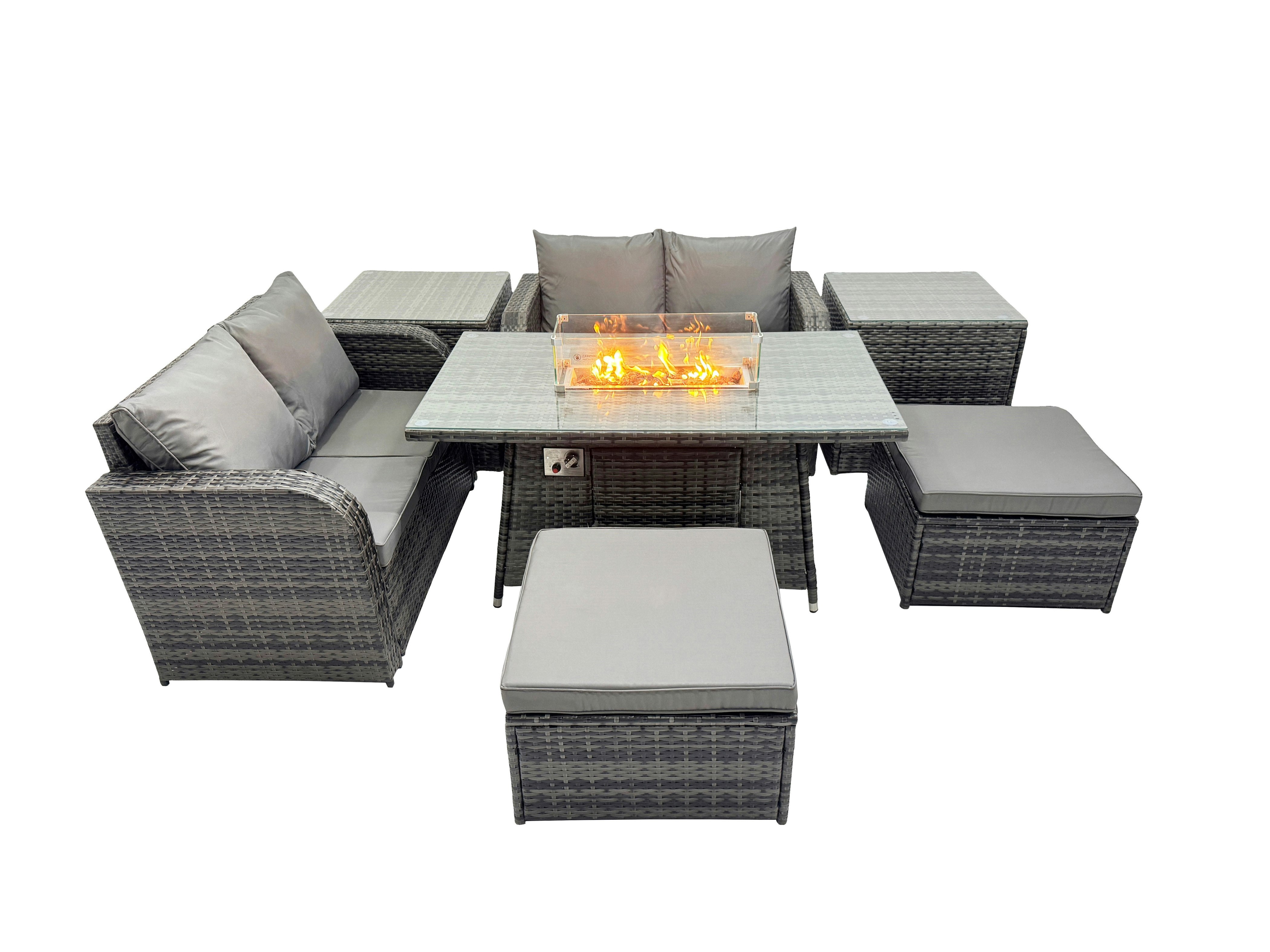 Rackhams Dark/Grey 6 Seater Patio Gas Firpit Dining Table Sofa Sets Rattan Garden Furniture Dining Set With 2 Big Stools 2 Side Tables Mixed