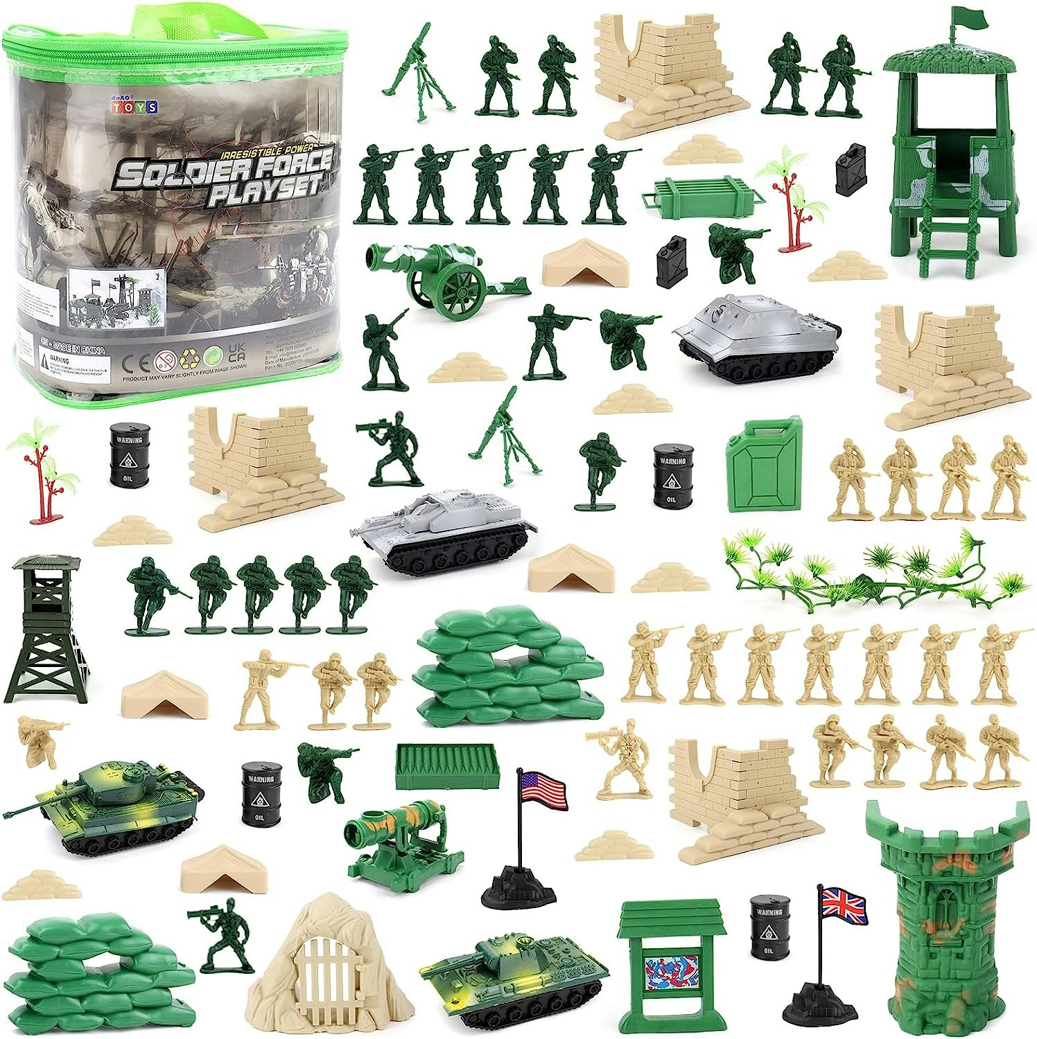 Deao Toys 100 Piece Military Play Set With Toy Soldiers Military Figures Tanks Planes Flags Carry Case