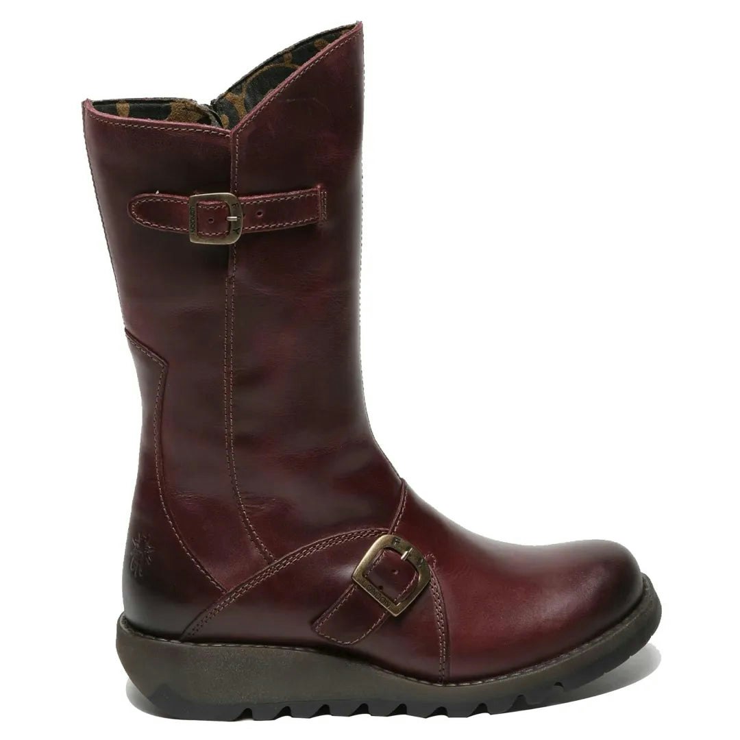Fly London Women's Mes2913 - Wedge Heel Buckle Mid Calf Leather Boots - Wine - Uk 3