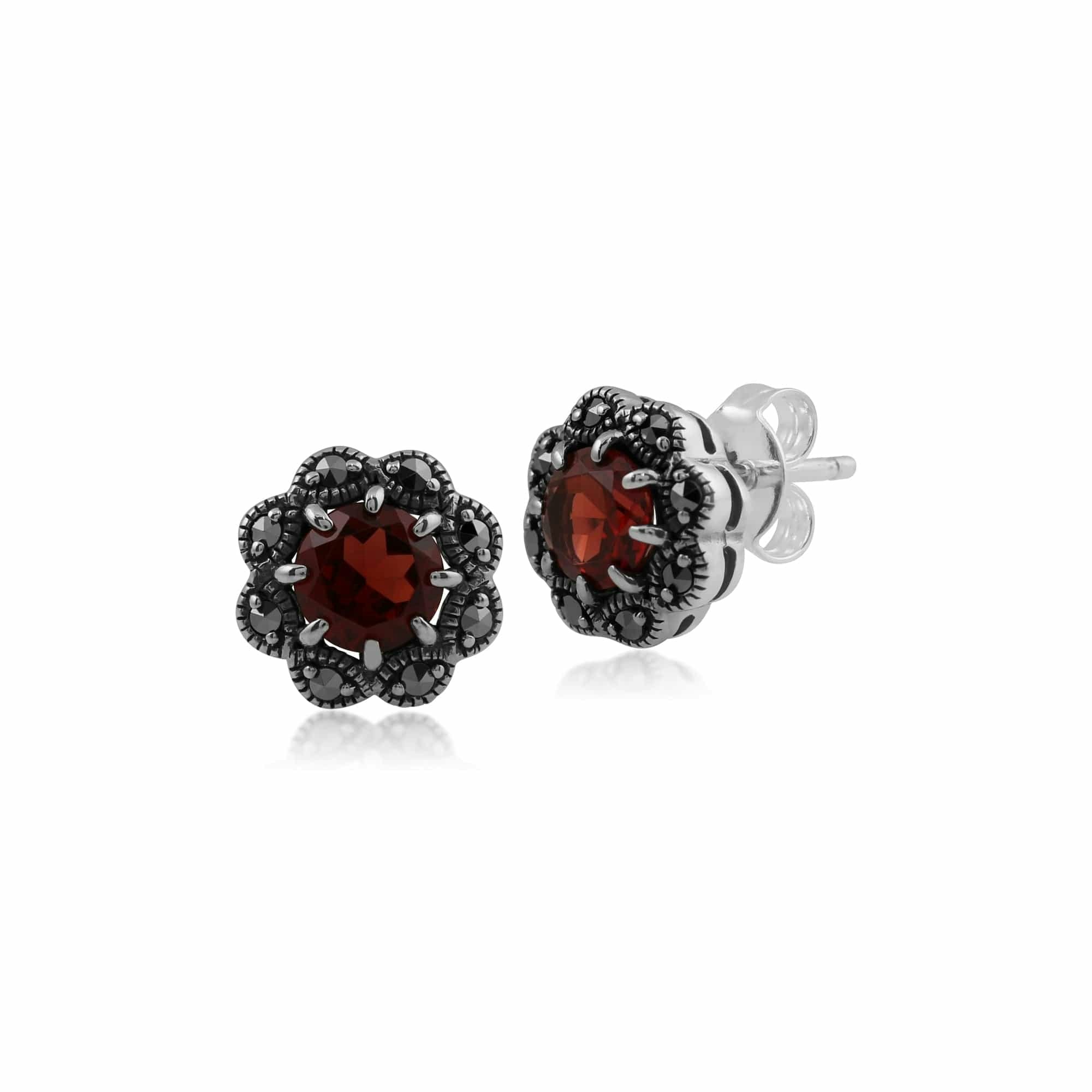 Gemondo Silver Floral Round Garnet & Marcasite Cluster Stud Earrings In 925 Sterling