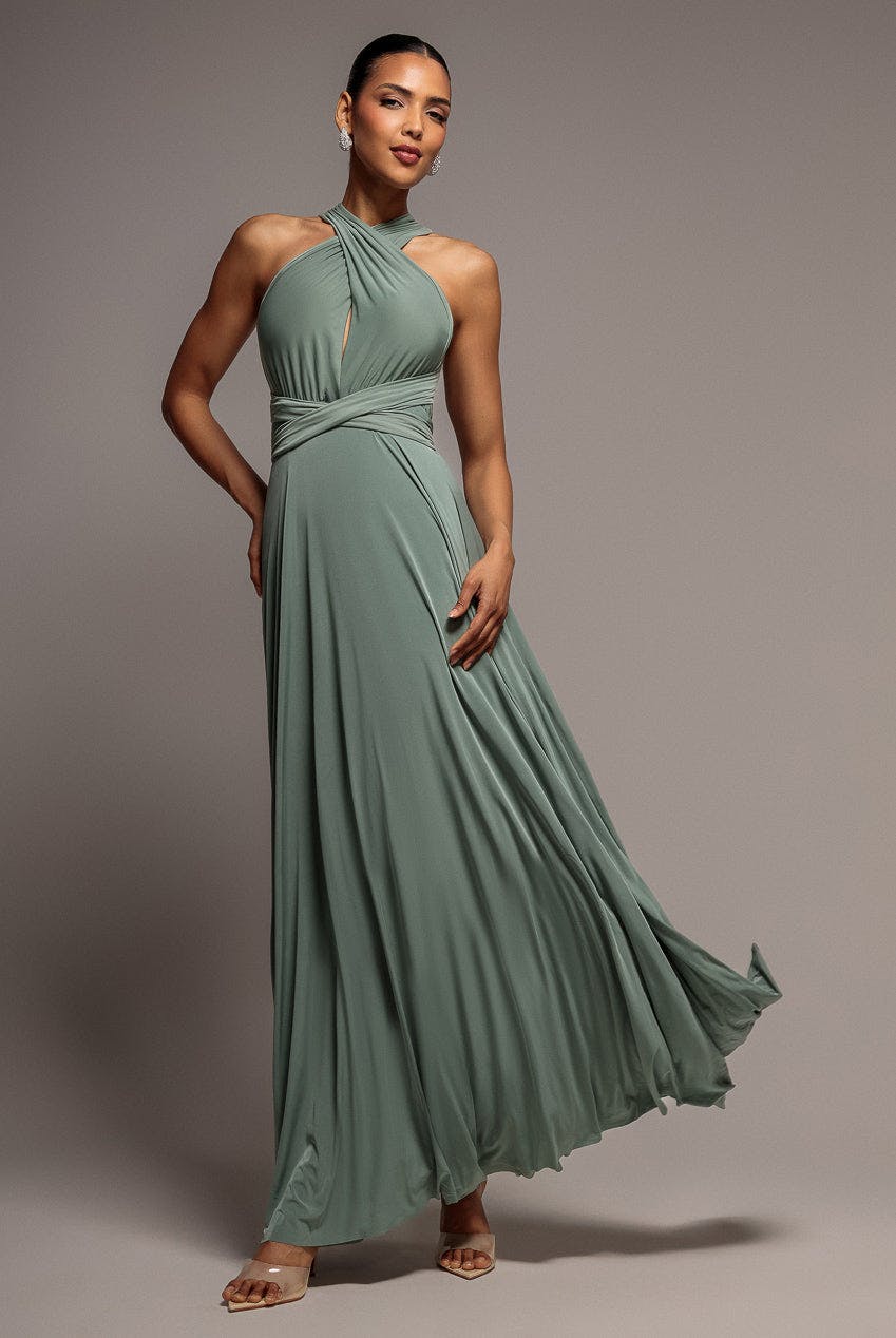 Goddiva Dark Multiway Tie-Up Maxi Dress - Sage By - Sage - 10