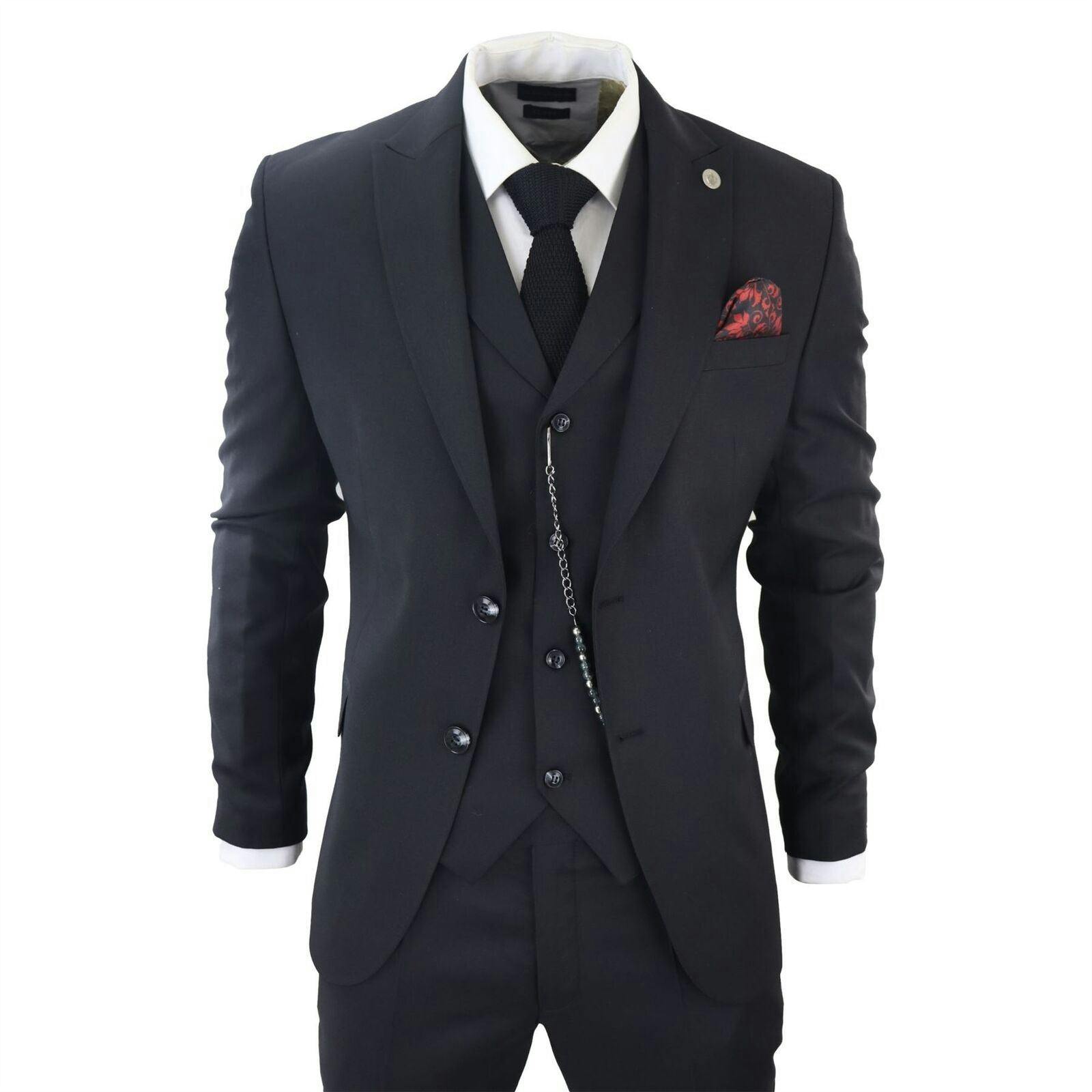 Truclothing Men's Black Classic 3-Piece Plain Suit - 46" Jacket 40" Trousers
