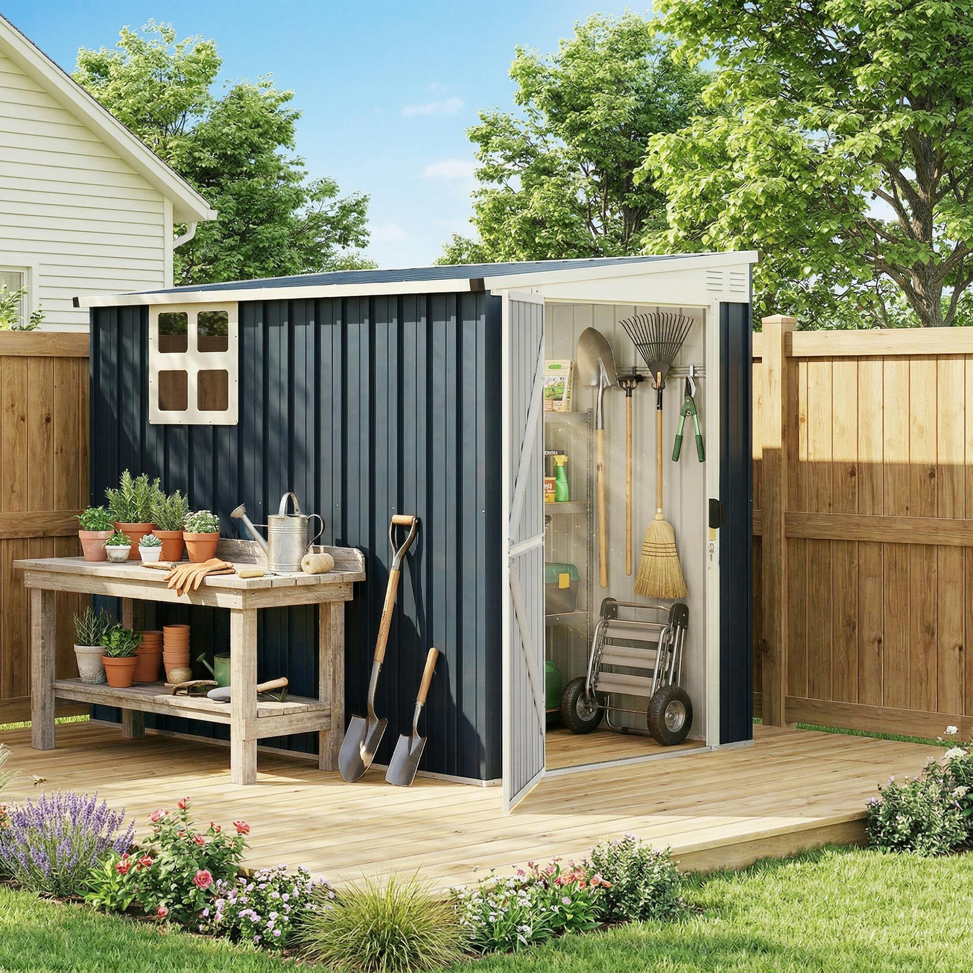 Outsunny Dark/Grey 4 X 6Ft Outdoor Garden Storage Shed With Window,