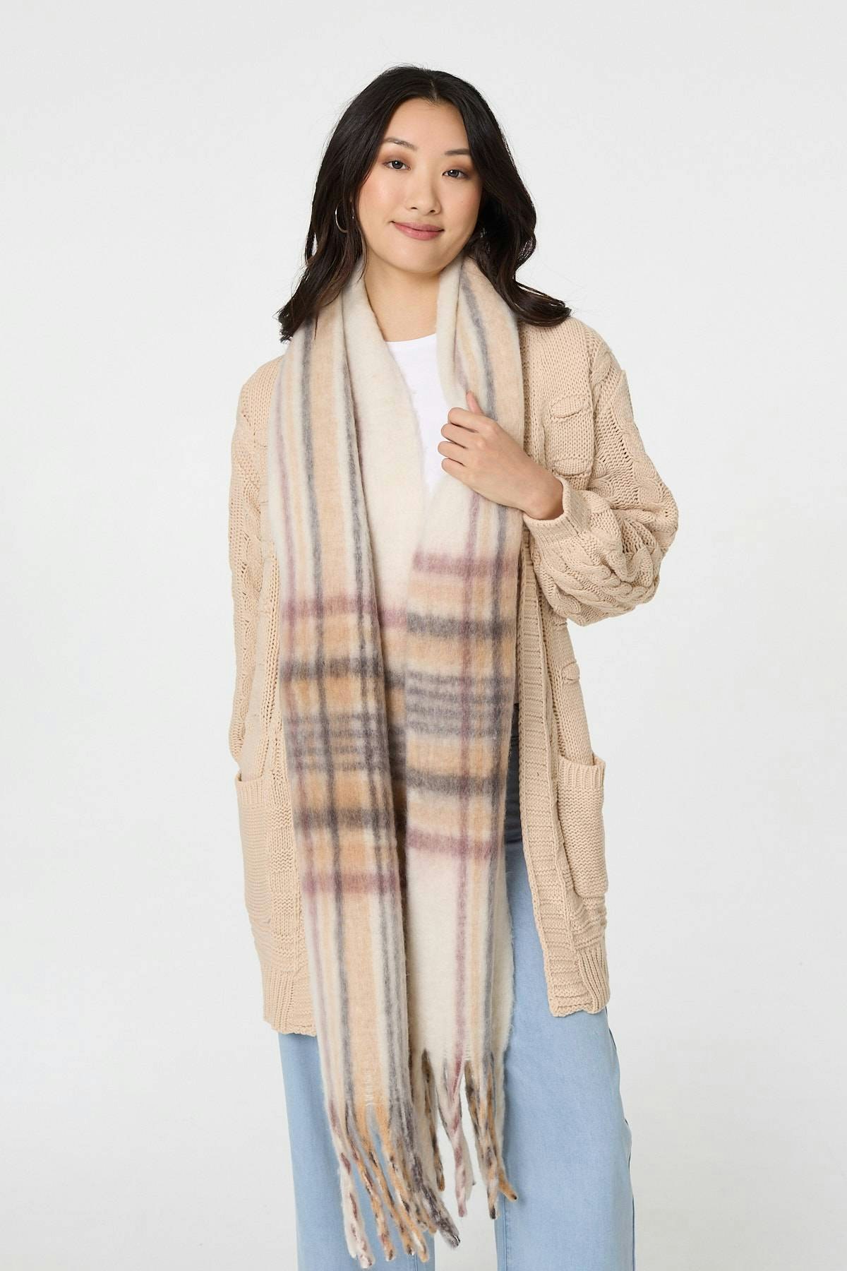 Izabel London Beige Checked Print Oversize Fringed Scarf - One