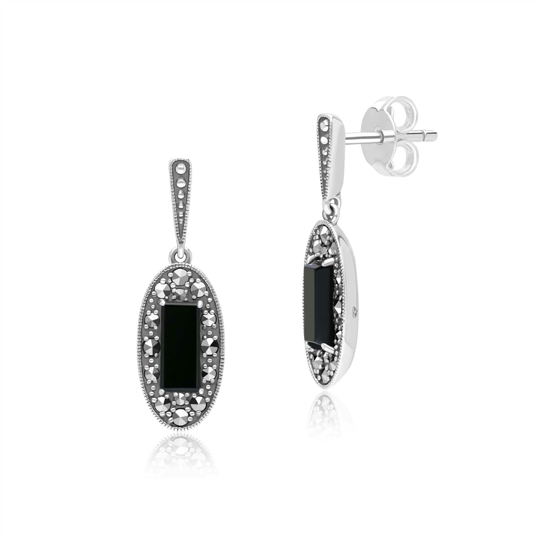 Gemondo Onyx/Silver Art Deco Style Oval And Marcasite Drop Earrings In Sterling