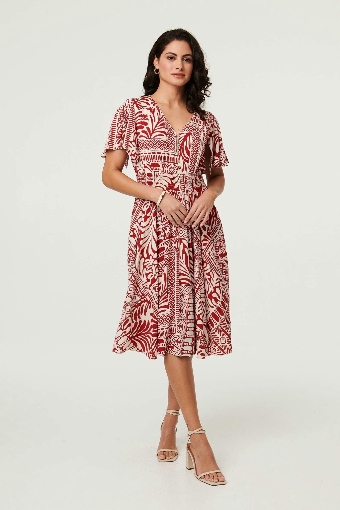 Izabel London Red Abstract Print Angel Sleeve Midi Dress - 14