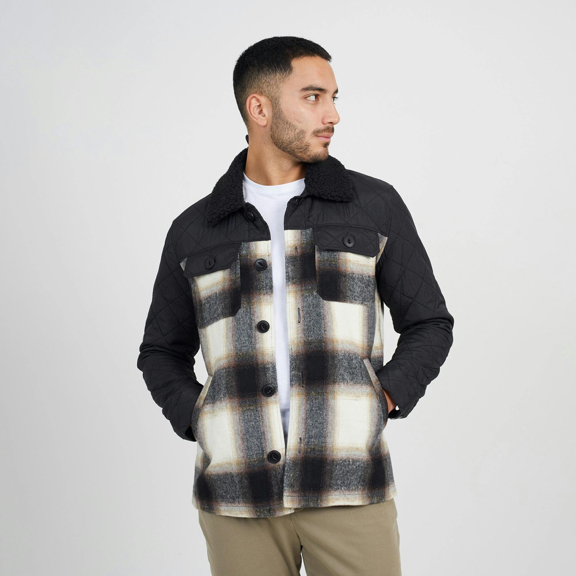 Brave Soul Black Sherpa Collar Checked Jacket - M
